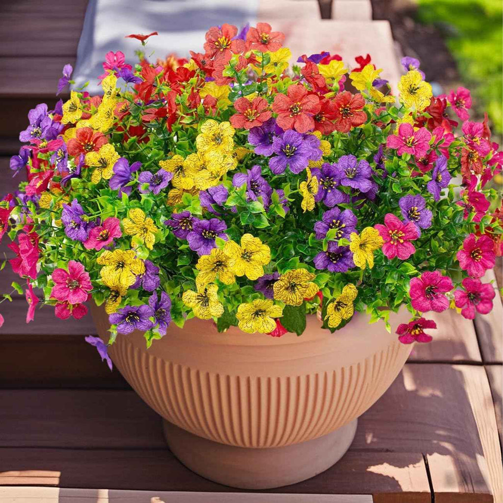 Artificial Flowers for Indoor & Outdoor Decoration - 12 Bundles Faux Daisies with Eucalyptus Leaves Fake Greenery for Garden, Home, Porch, Patio, Boxwood (12 Pcs Mix Pink Red Purple Yellow)
