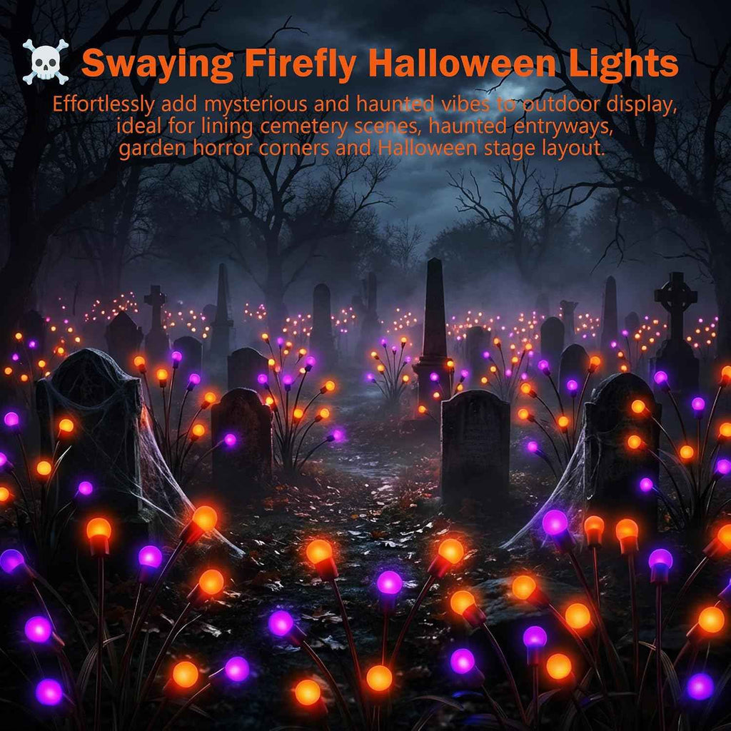 Halloween Firefly Solar Lights 2 Pack 6 LED Orange Purple | Swaying Pathway Lights IP65 Waterproof Auto Dusk to Dawn Outdoor Landscape Lights for Yard Patio Lawn Party Decor