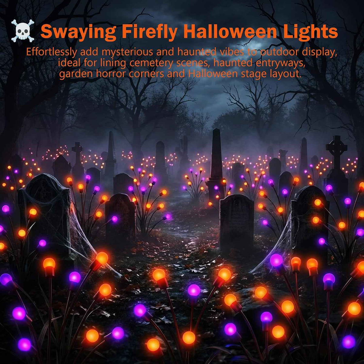 Halloween Firefly Solar Lights 2 Pack 6 LED Orange Purple | Swaying Pathway Lights IP65 Waterproof Auto Dusk to Dawn Outdoor Landscape Lights for Yard Patio Lawn Party Decor