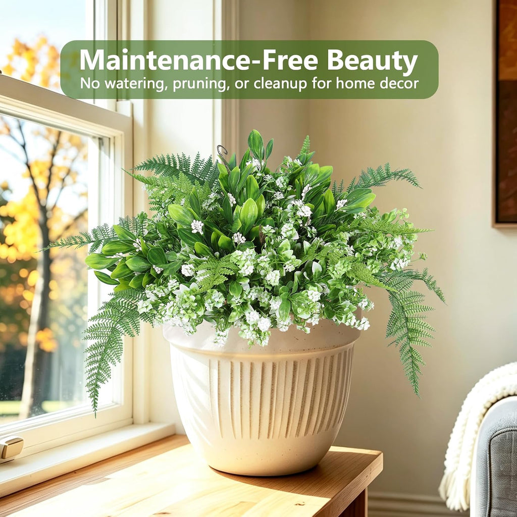 RECUTMS Faux Fern Flowers Plants Set for Outdoors 11 Bundles UV Resistant | Fake Fern,Eucalyptus Shrub with Rose&Berry Bunches for Home Patio Garden Window Box Front Door Porch Yard Planter Decor White