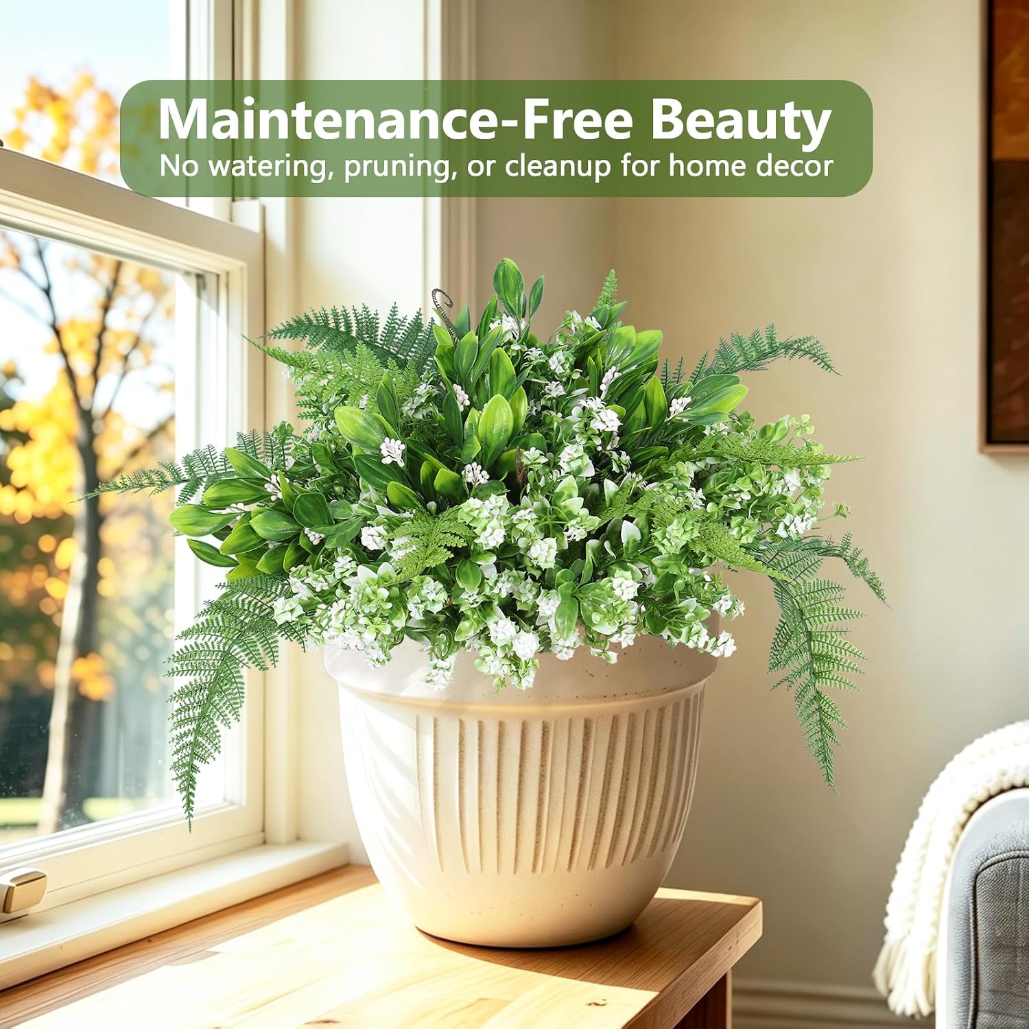 RECUTMS Faux Fern Flowers Plants Set for Outdoors 11 Bundles UV Resistant | Fake Fern,Eucalyptus Shrub with Rose&Berry Bunches for Home Patio Garden Window Box Front Door Porch Yard Planter Decor White