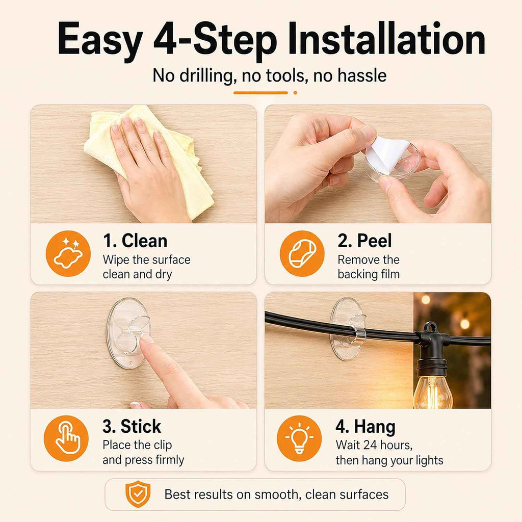 Outdoor String Lights Adhesive Hooks - 20Pcs Clips 3X Stronger Adhesion | Heavy Duty Waterproof Sticky Strips - Clear Removable Cord Holders - Hanging Christmas Decor - Patio Fence Wall Indoor Garage