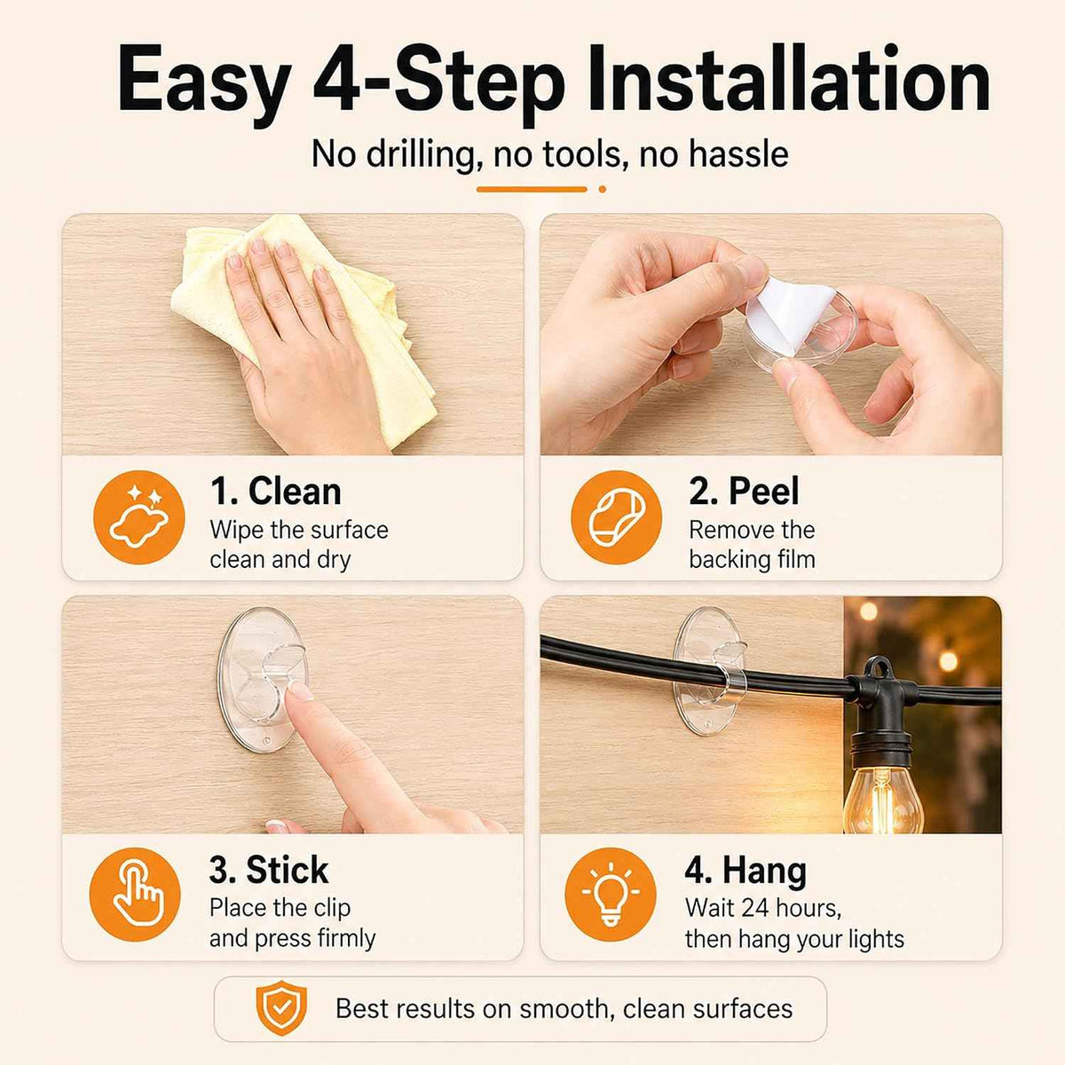 Outdoor String Lights Adhesive Hooks - 20Pcs Clips 3X Stronger Adhesion | Heavy Duty Waterproof Sticky Strips - Clear Removable Cord Holders - Hanging Christmas Decor - Patio Fence Wall Indoor Garage