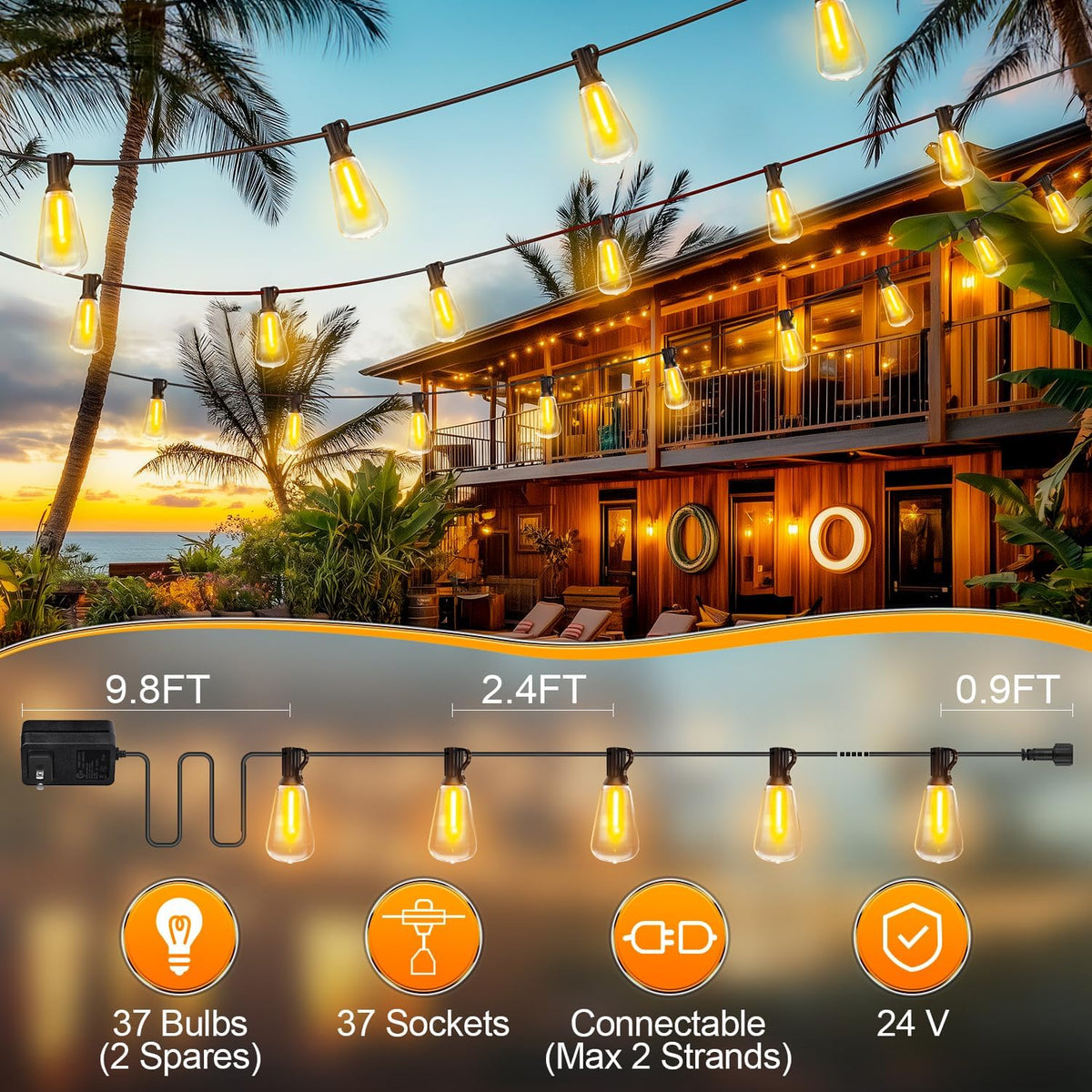 Outdoor Lights String Patio Outside - 100ft 30M LED Waterproof Light ST38 | Dimmable, Shatterproof, Hanging Lighting Edison Bulb Deck Backyard Gazebo Balcony Party Bistro Cafe Pergola Garden Yard Porch