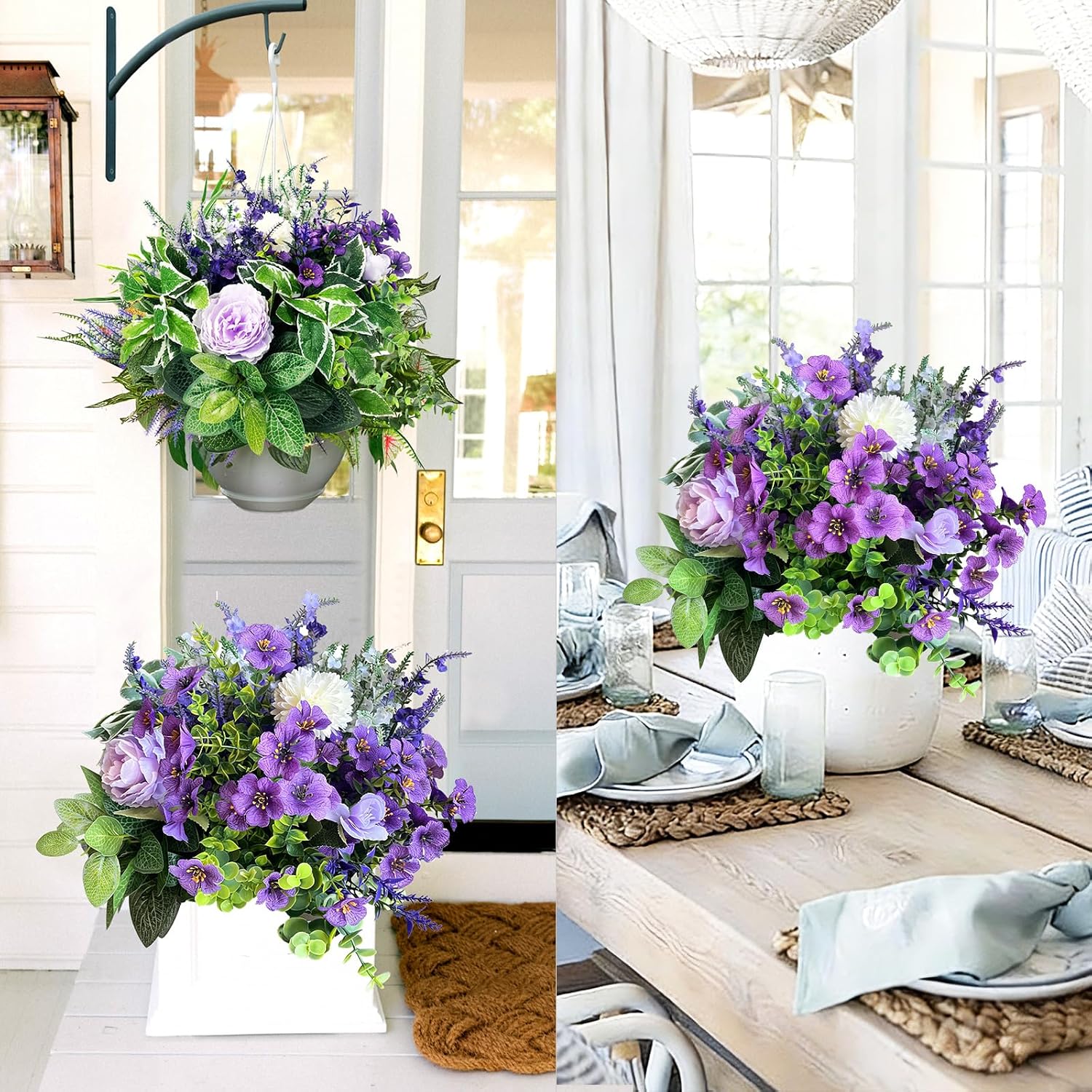 24Pcs Artificial Plants for Outdoor Faux Greenery & Flowers with Plastic Leave UV Resistant Fake Stems for Indoor Outside Garden Porch Window Box Home Décor