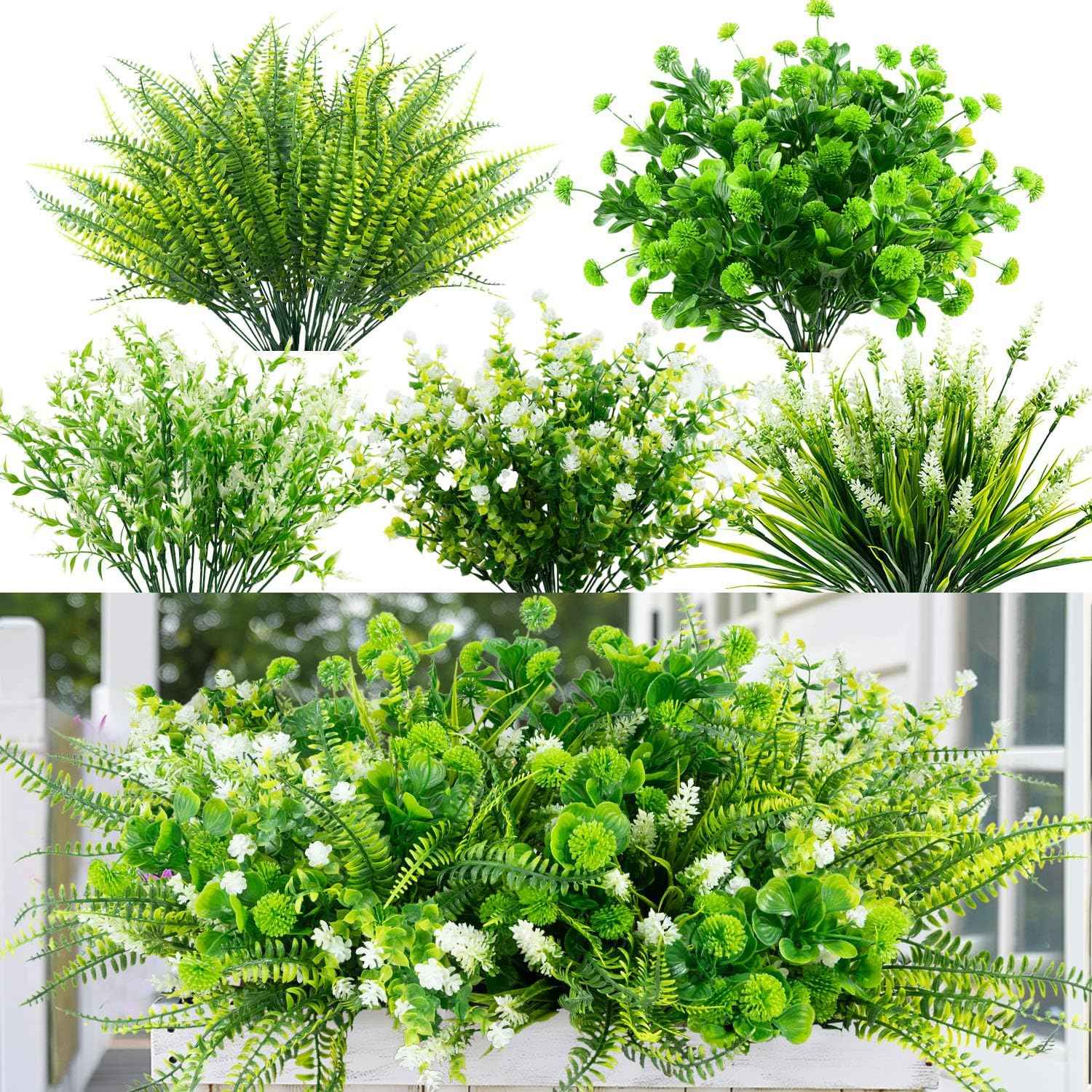 14 Bundles 5 Styles Fake Plants UV Resistant Artificial Outdoor Plant Boston Fern Lavender Plastic Flowers Greenery Shrubs for Outside Front Porch Balcony Patio Garden Home Decor