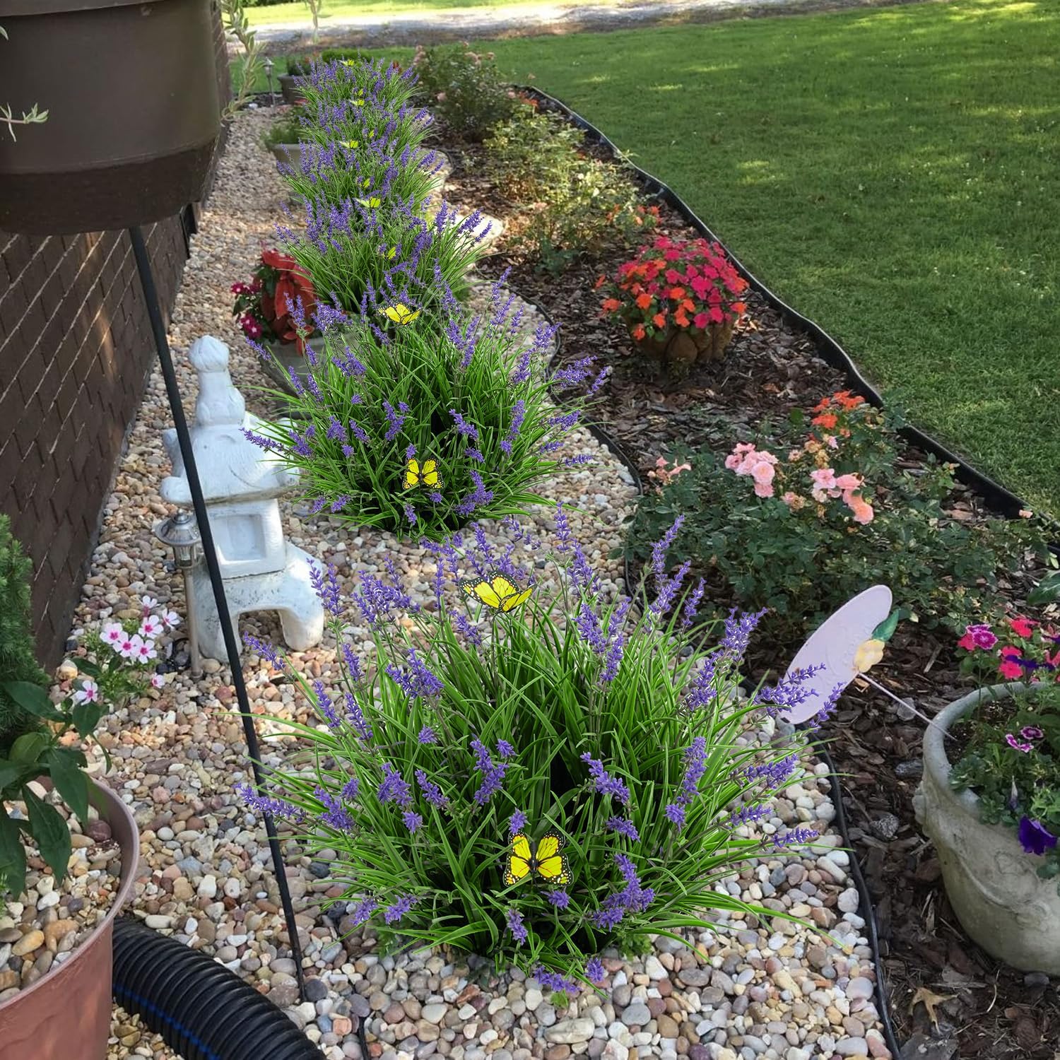16 Bundles Artificial Outdoor Plants and 2 Pcs Butterfly Stakes Fake Monkey Grass with Flowers UV Resistant Faux Plant Greenery for Outside Planter Porch Patio Garden Window (Purple)