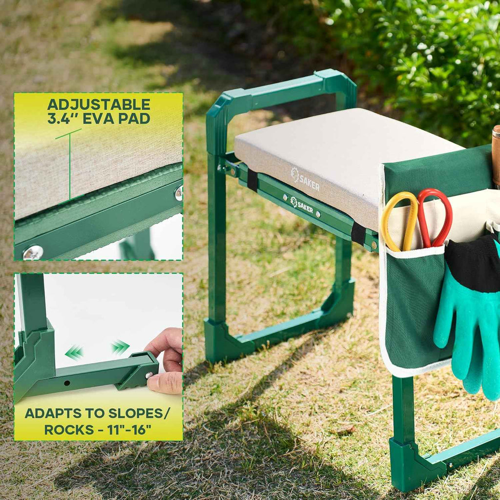 Saker Garden Kneeler and Seat Foldable Gardening Stool with Extendable Legs | Thickened Pad Tool/Storage Bag , Heavy Duty 400lbs Support for Elderly, Gardening, Outdoor Use
