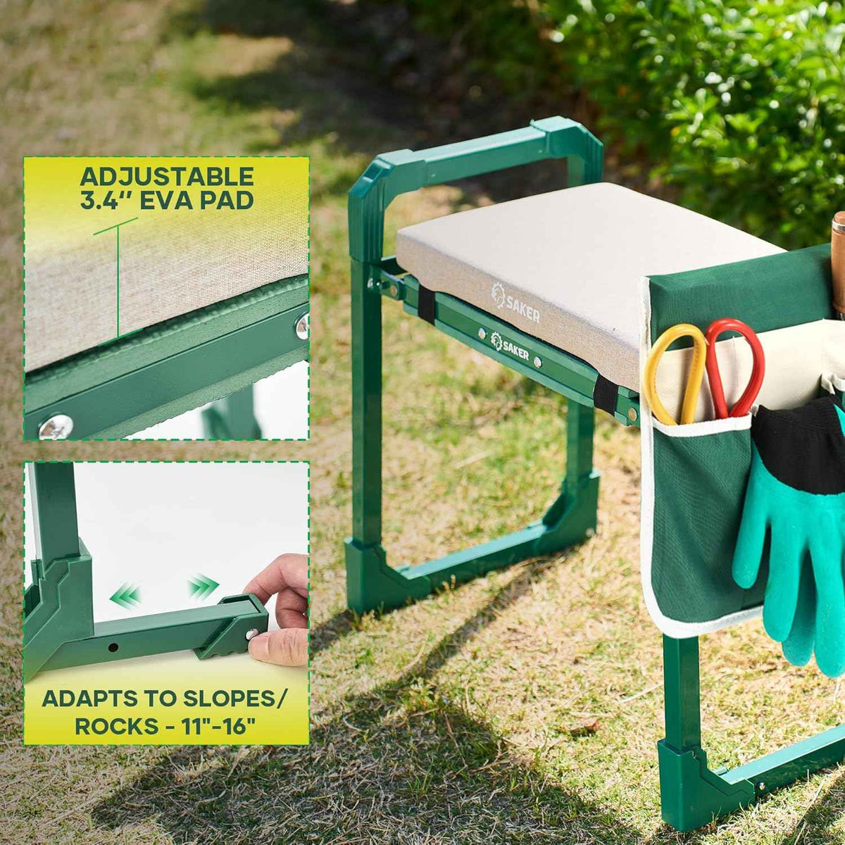 Saker Garden Kneeler and Seat Foldable Gardening Stool with Extendable Legs | Thickened Pad Tool/Storage Bag , Heavy Duty 400lbs Support for Elderly, Gardening, Outdoor Use