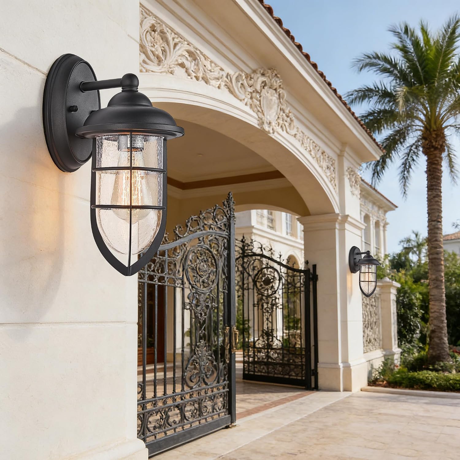 Outdoor Wall Sconce, Black Textured Finish with Clear Seeded Glass Shade, IP65 Waterproof, Indoor/Outdoor Wall Light for Porch, Garage, Entryway, Patio, Garden - E26 Bulb Not Included