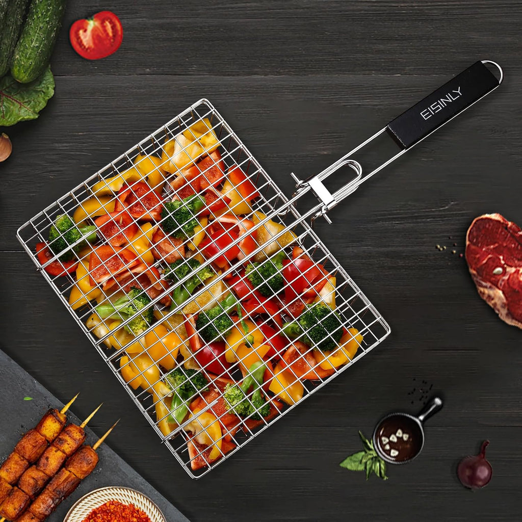 Eisinly BBQ Grilling Basket for Outdoor Grill with Removable Handle | Portable Grill Basket, Stainless Steel Camping Cooking Grill Accessories for Chicken Fish Vegetable, Easy to Clean