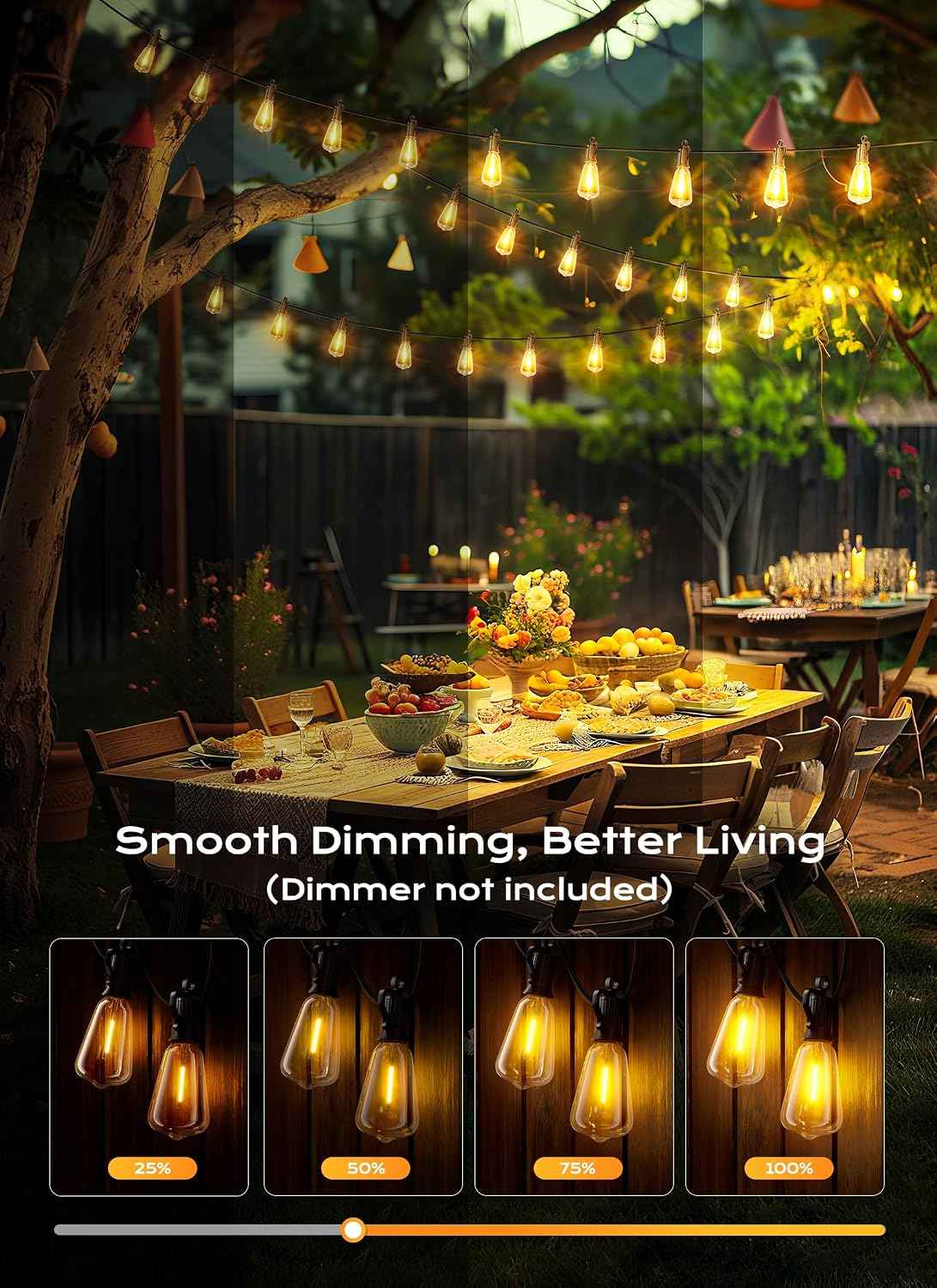 Brightown Outdoor String Lights Patio Lights 100FT ST38 Waterproof Dimmable | Connectable Shatterproof LED Christmas Lights, Hanging Outside Light for Backyard, Porch, Deck, Balcony, Garden, Home Decor