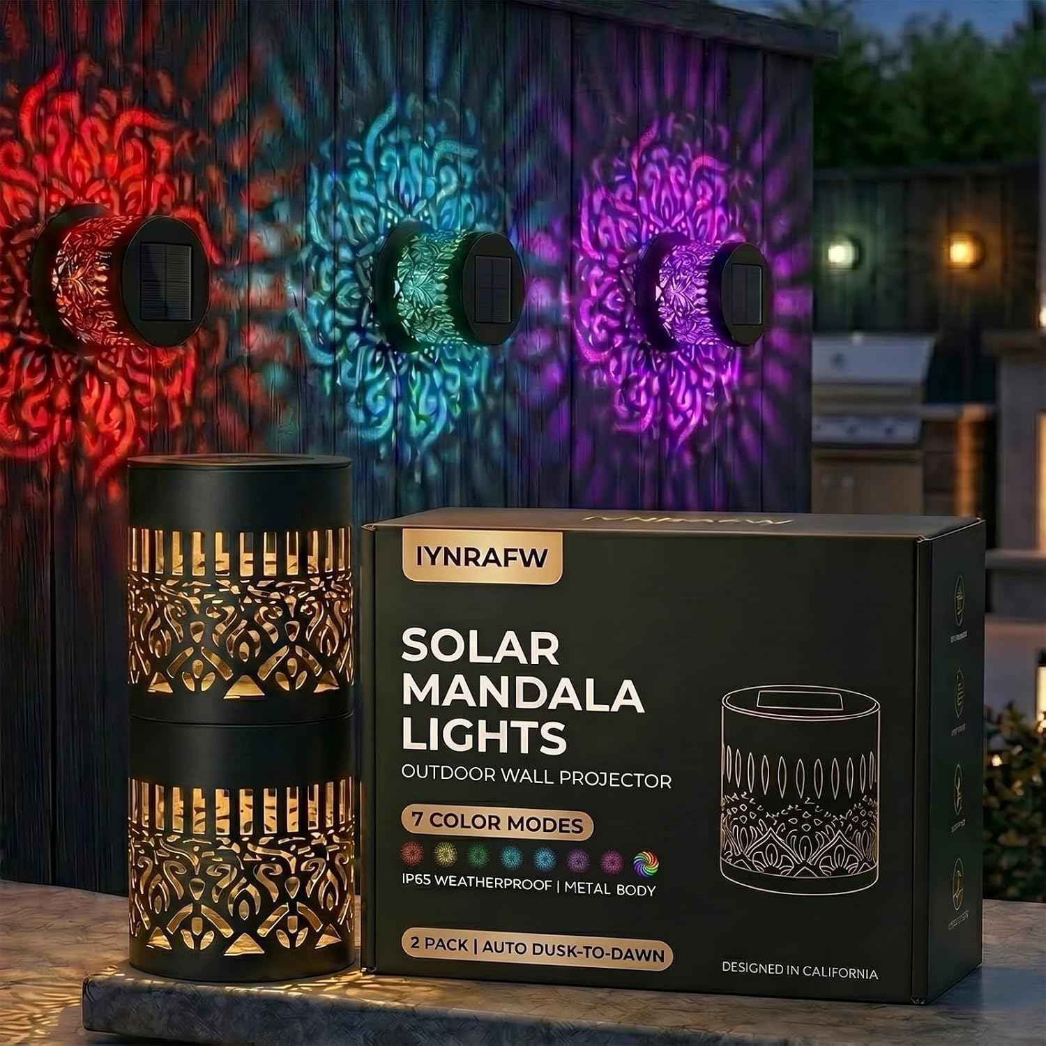 Solar Mandala Lights Outdoor Wall Projector Metal 7 Color Changing IP65 Waterproof Decorative Mounted Wireless Night Lighting for Yard Patio Fence Deck Pathway Garden Decor and Holiday Gifts