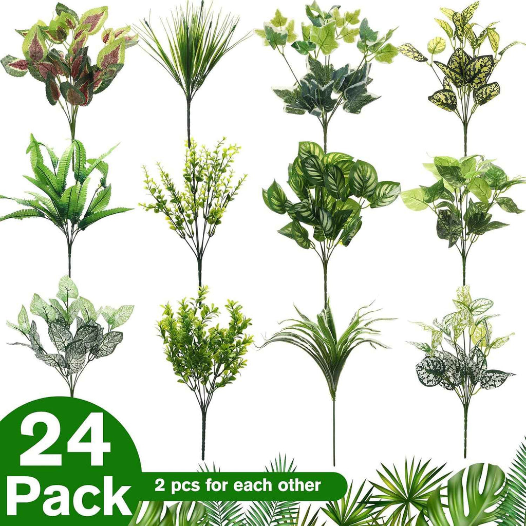 Cindeer 24 Pcs Artificial Flowers Planters for Outdoors, UV Resistant Faux Fake Greenery Plastic Plants Outdoor Indoor for Spring Summer Decors Wedding