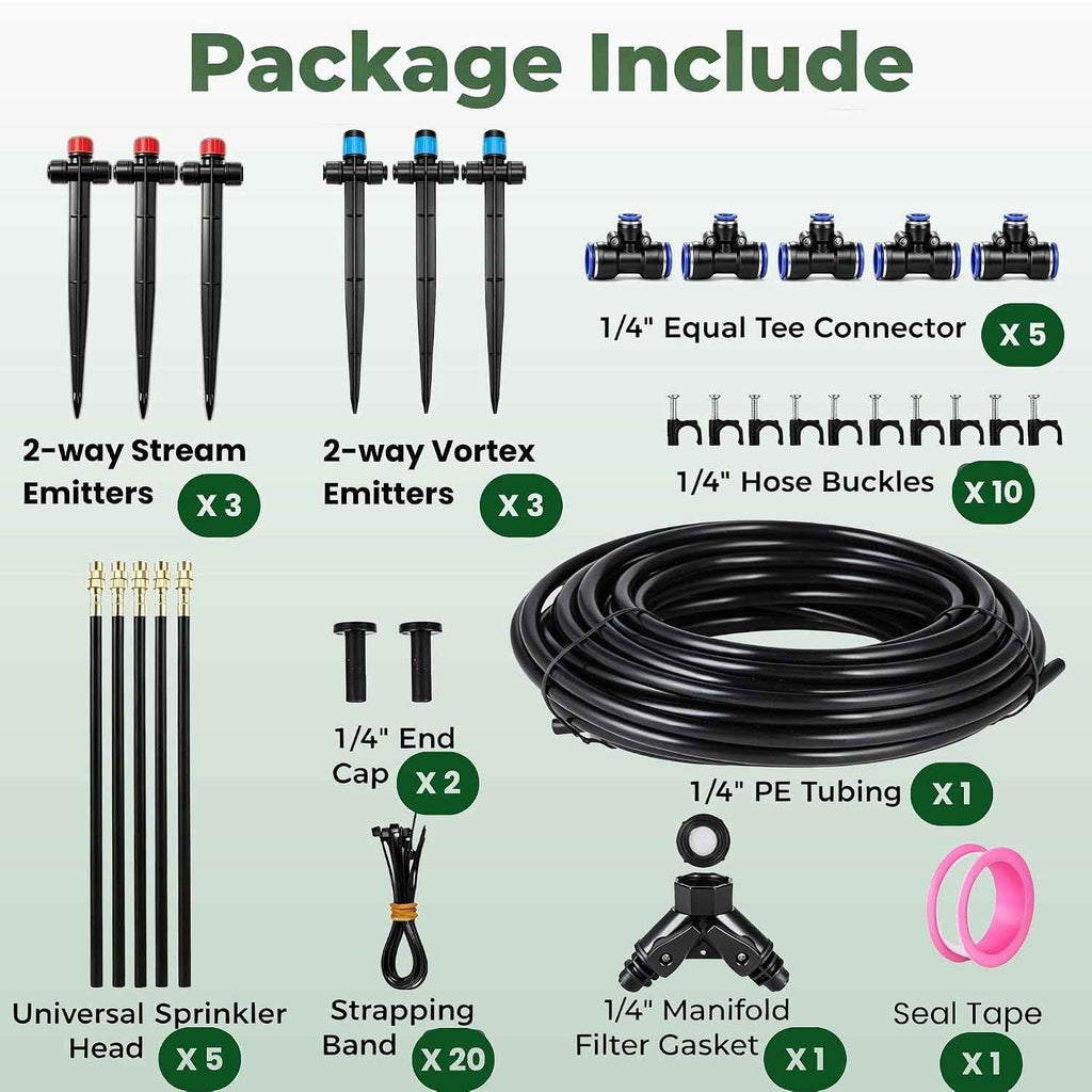 50FT Drip Irrigation System for Starter: Small Garden Quick Connect 1/4" PE Water Tubing Automatic 11Pcs Sprinkler Kit Adjustable Misting Part Watering Hose Outdoor Raised Bed Plants Flower Greenhouse