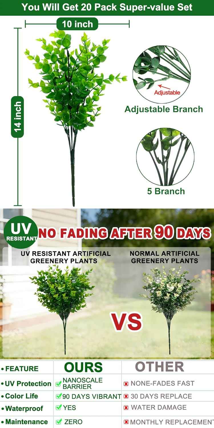 TURNMEON 20 Bundles Artificial Greenery Plants Outdoor Summer Decor | UV Resistant Fake Plants Boxwood Shrubs Grass Faux Eucalyptus Flowers for Farmhouse Gardens Home Patio Indoor Decor(Green)