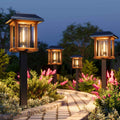 XMCOSY+ 4-Pack Solar Pathway Lights Outdoor, 25 Lumens Solar Garden Lights | IP65 Waterproof Seeded Glass & Metal Stakes, 2-Tone Vintage Edison LED Landscape Lighting for Yard, Patio, Walkway & Driveway