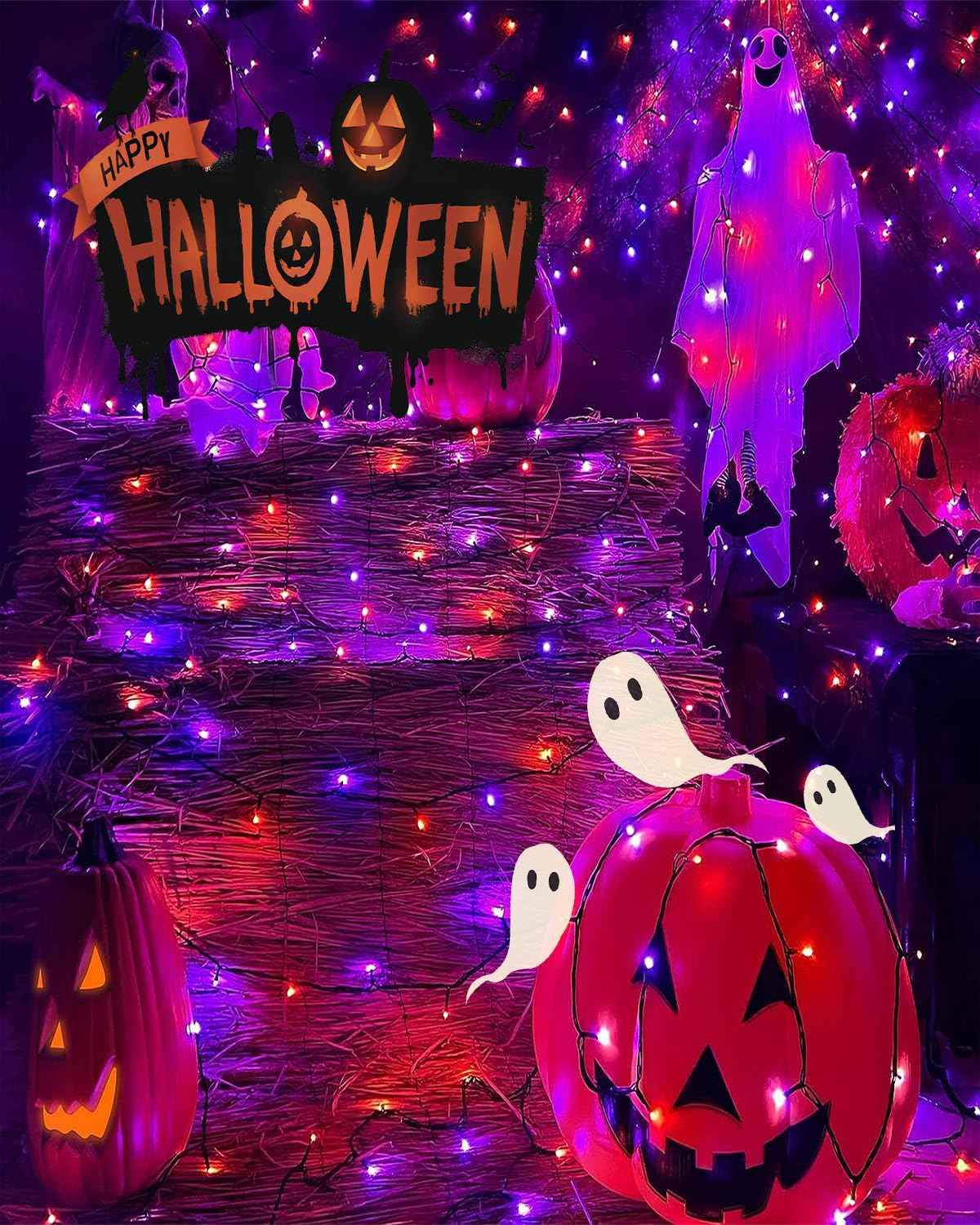 Solar Halloween String Lights, 100 LED Orange Purple Fairy Lights, 8 Modes IP65 Waterproof Auto On/Off for Indoor Outdoor Holiday Decor