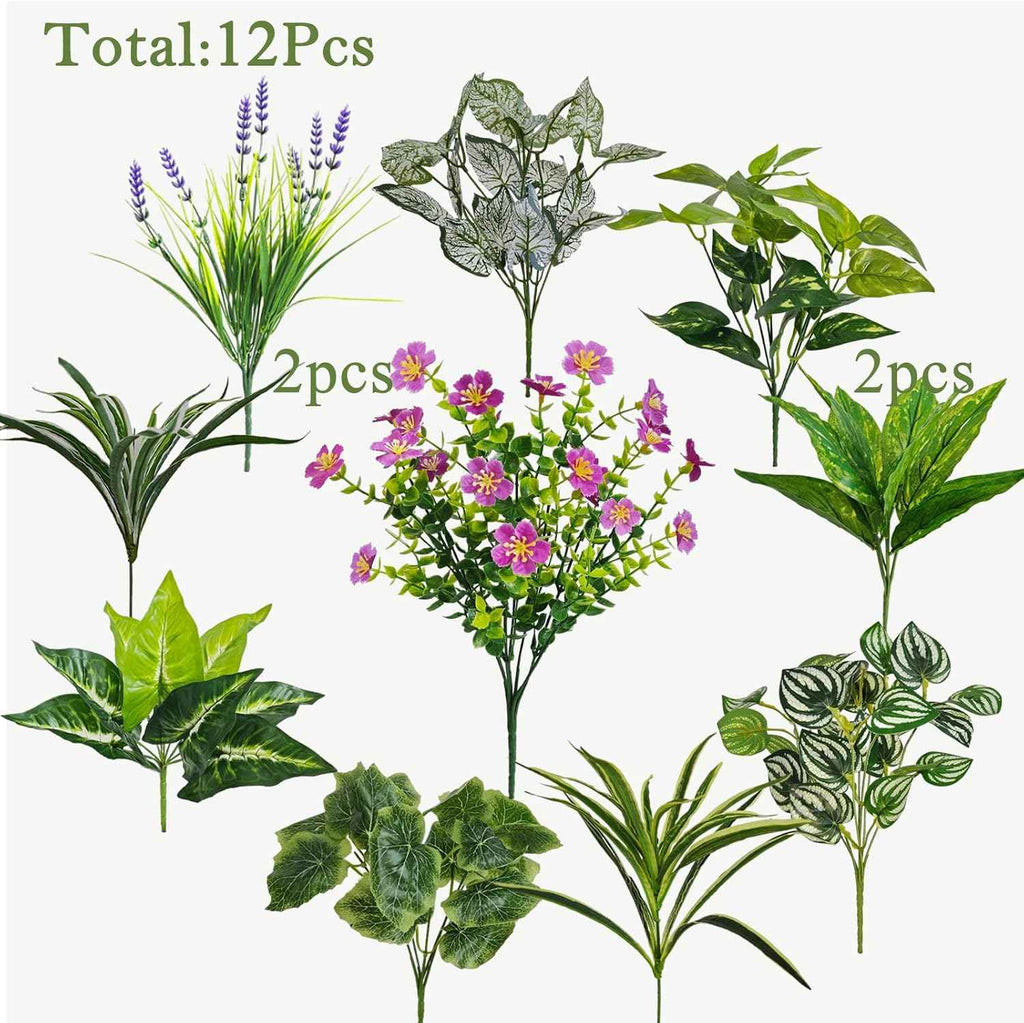 12 Pcs Artificial Plants for Outdoors Faux Greenery Leaves UV Resistant Realistic Plastic Large Bunches Shrubs Bushes with Flowers, Fake Plants Decor Outdoor for Front Porch Door Patio Garden Yard