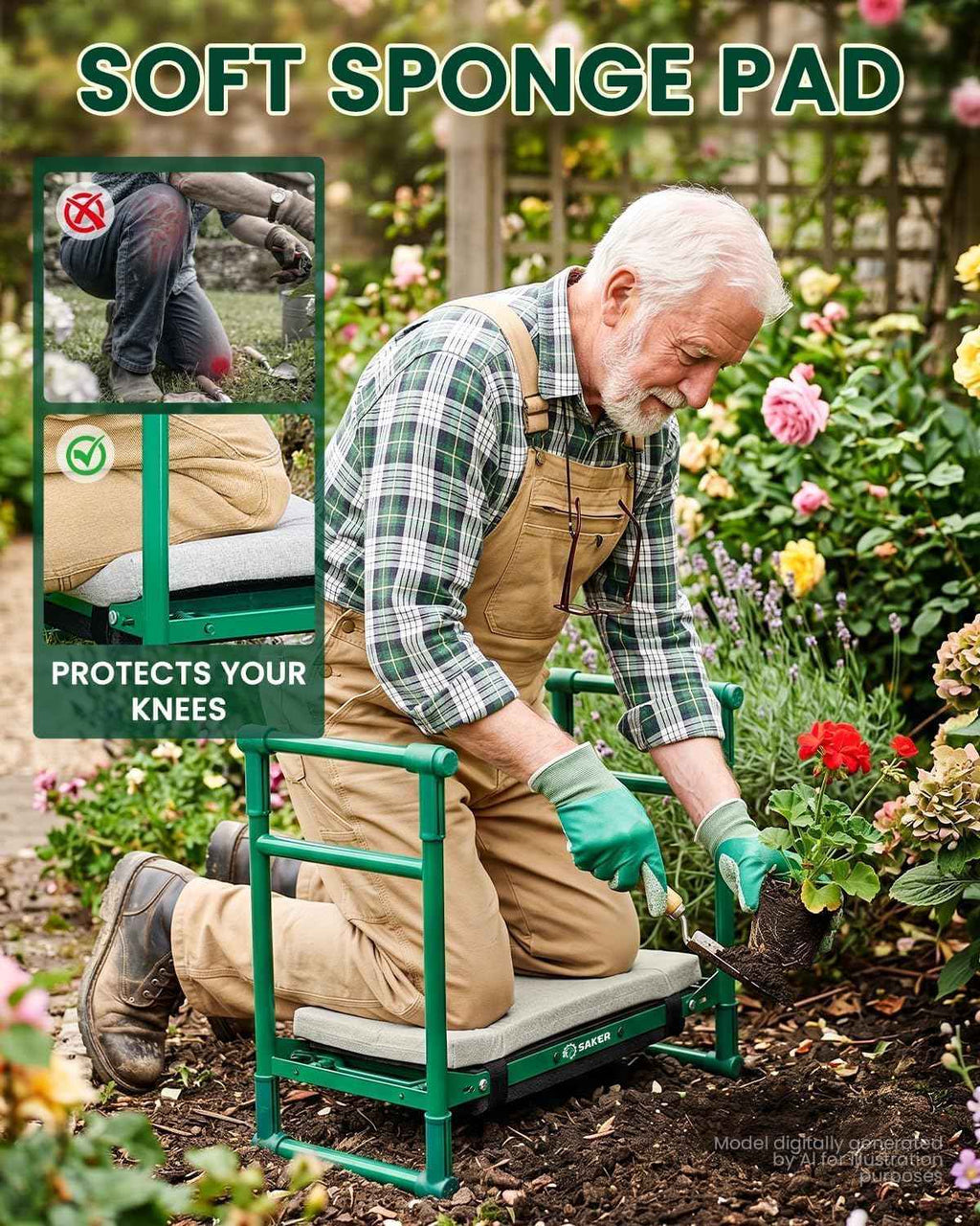 Saker 2026 Upgraded Garden Kneeler and Seat with 500LB Frame & Soft Pad | Foldable Stool, Heavy-Duty Steel, Comfortable Kneeling, Support for Elderly Gardening & Weeding(Basic Version)