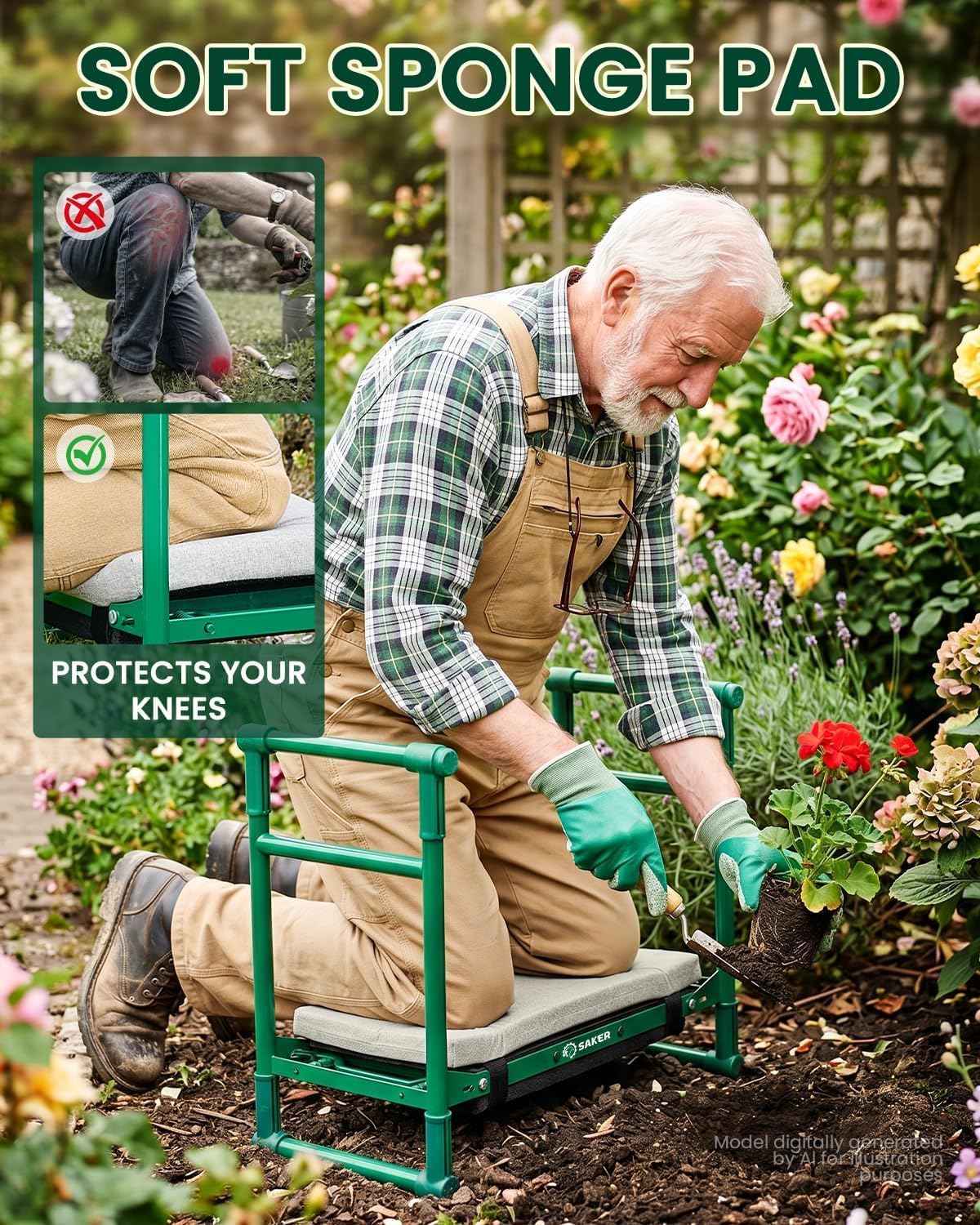 Saker 2026 Upgraded Garden Kneeler and Seat with 500LB Frame & Soft Pad | Foldable Stool, Heavy-Duty Steel, Comfortable Kneeling, Support for Elderly Gardening & Weeding(Basic Version)