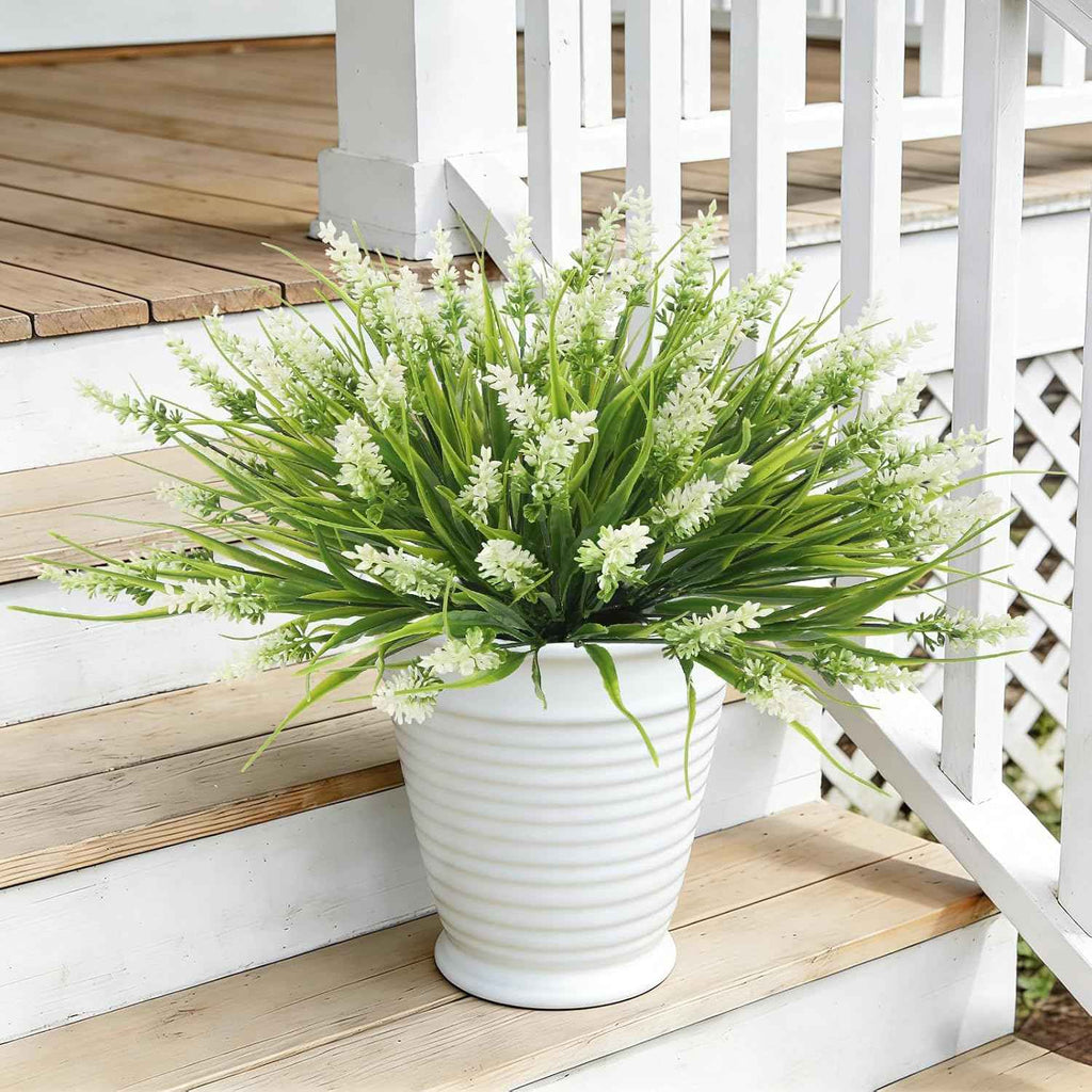 Outdoor Plants Artificial for Porch UV Resistant Faux Outdoor Plants | 10 Bundles Artificial Monkey Grass Fake Lavender Flower Faux Greenery Planter Filler for Patio Garden Porch Decor (White)