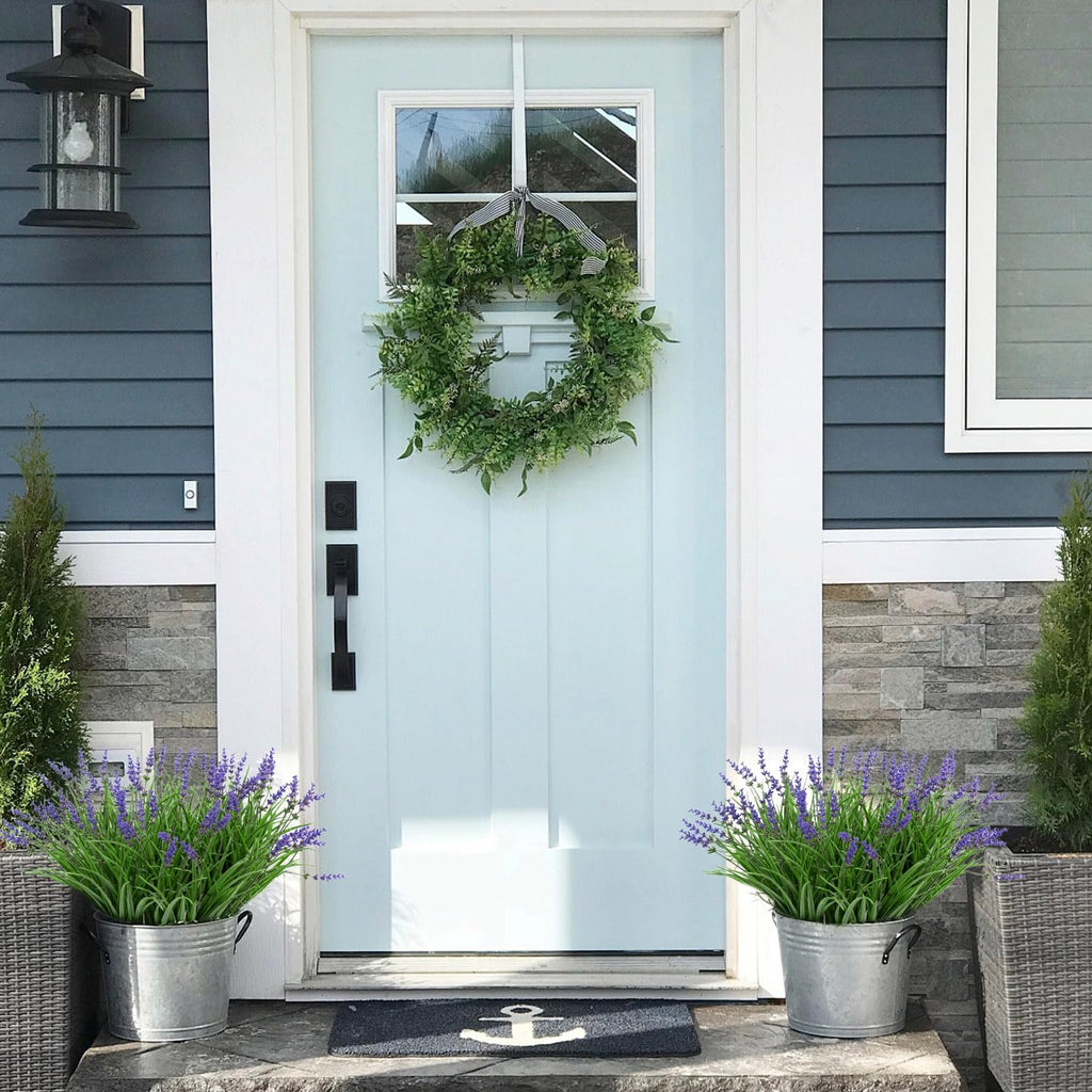 16 Bundles Artificial Outdoor Plants and 2 Pcs Butterfly Stakes Fake Monkey Grass with Flowers UV Resistant Faux Plant Greenery for Outside Planter Porch Patio Garden Window (Purple)