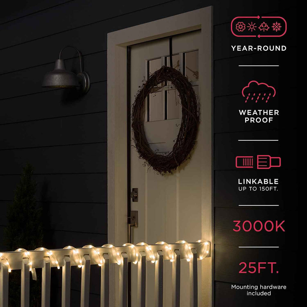 UltraPro 25 Foot LED Rope Lights, Clear Rope, Warm White 3000K, Outdoor
