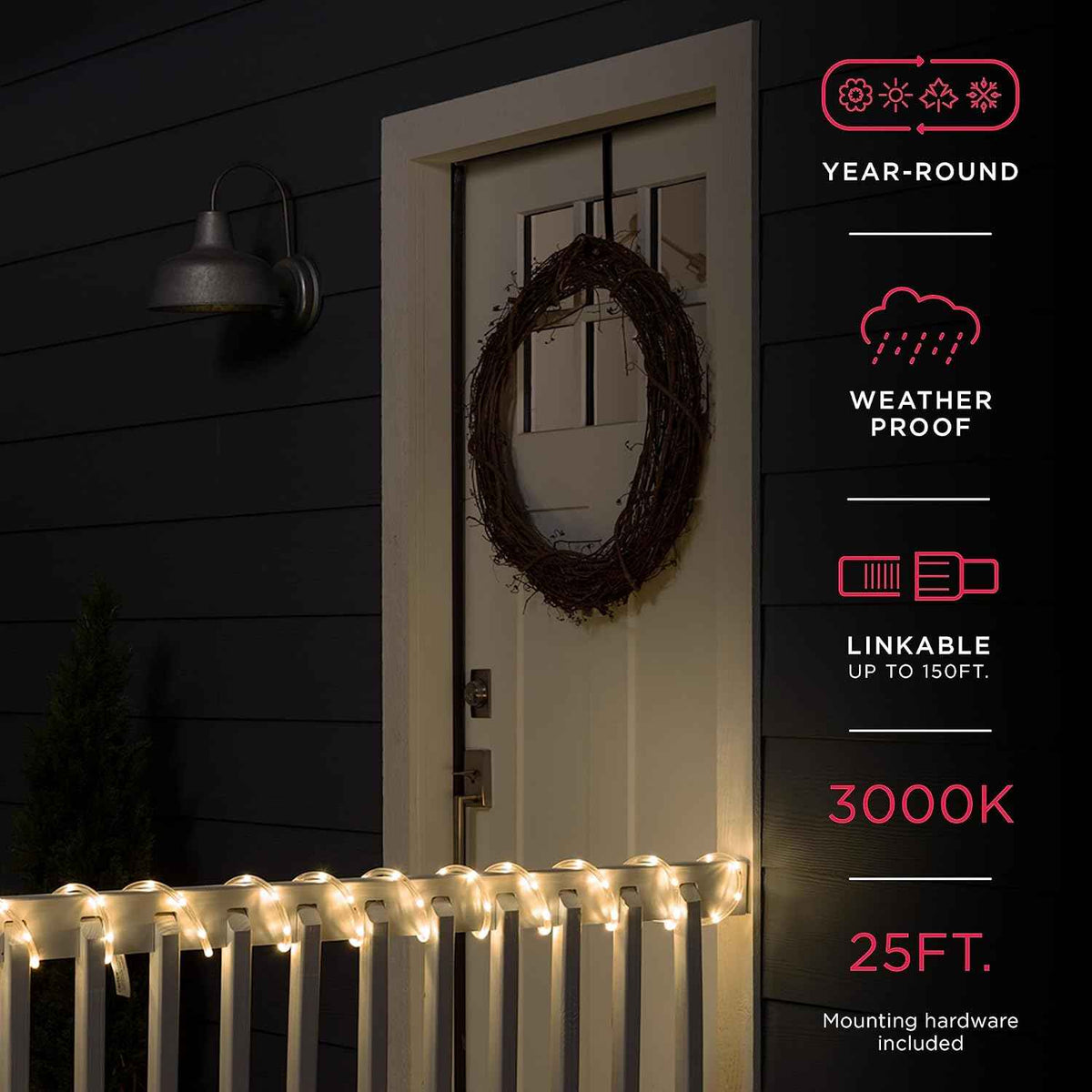 UltraPro 25 Foot LED Rope Lights, Clear Rope, Warm White 3000K, Outdoor