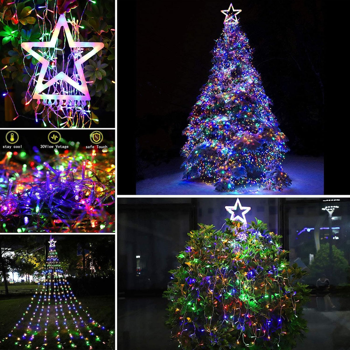 (New) Christmas Lights, Outdoor Christmas Decorations, 320 LED Waterfall String Lights, 8 Light Modes Chrsitmas Lights with 12" Star Tree Topper for Yard, Party, New Year (Multicolor)