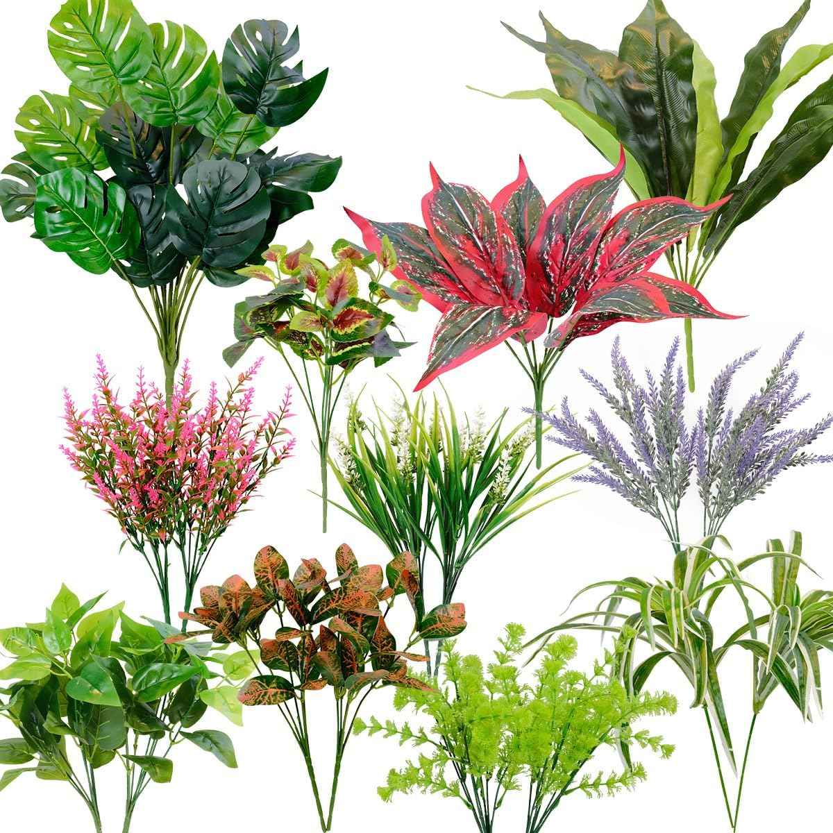 18 PCS Artificial Outdoor Plants, Fake Plants Mix | UV resistant faux plants with 10 varieties for window boxes, planters, porch, patio and garden decor