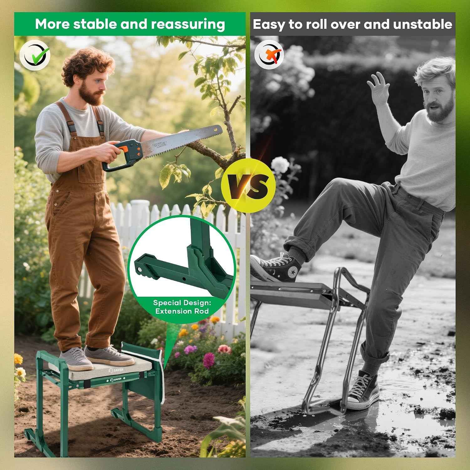 Saker Garden Kneeler and Seat Foldable Gardening Stool with Extendable Legs | Thickened Pad Tool/Storage Bag , Heavy Duty 400lbs Support for Elderly, Gardening, Outdoor Use