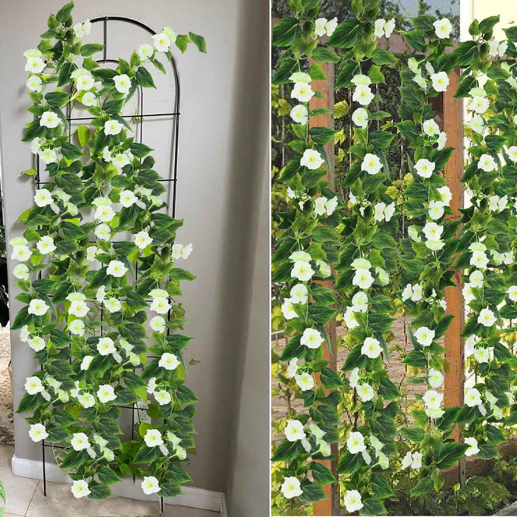 CISDUEO 2 Pcs Artificial Vines Silk Morning Glory Vines for Outdoor 15Feet Hanging Plants Garland White Fake Green Plant Morning Glories for Home Decor Wall Fence Stairway Wedding Hanging Baskets