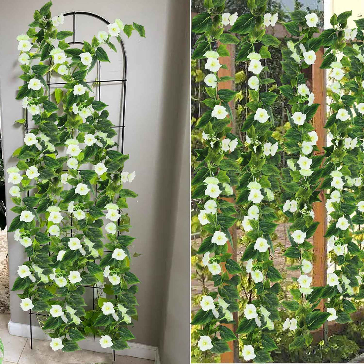 CISDUEO 2 Pcs Artificial Vines Silk Morning Glory Vines for Outdoor 15Feet Hanging Plants Garland White Fake Green Plant Morning Glories for Home Decor Wall Fence Stairway Wedding Hanging Baskets