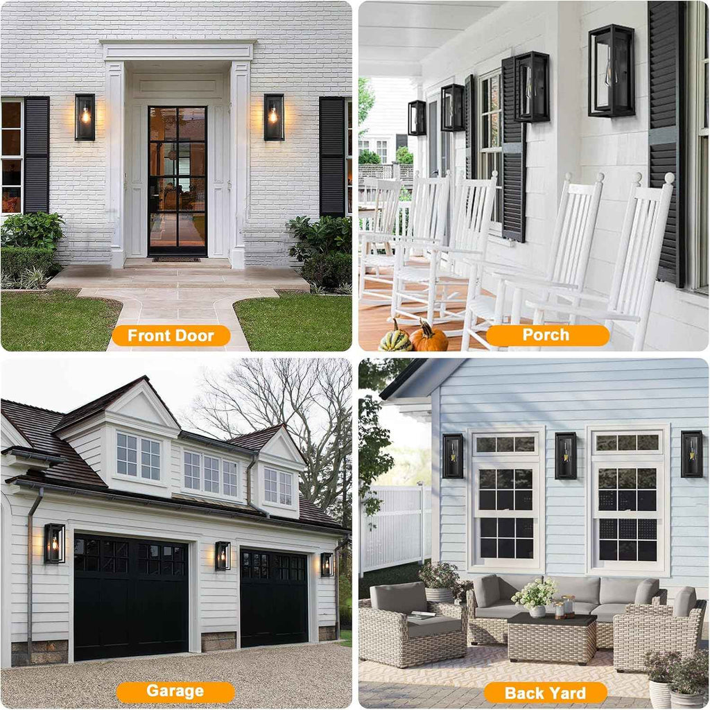 15" Outdoor Wall Lights, Black Exterior Lighting Fixtures, 2 Pack | Large Size, Anti-Rust, Waterproof, Tempered Glass, Easy Installation, Modern & Classic Outdoor Sconces for House Porch Garage