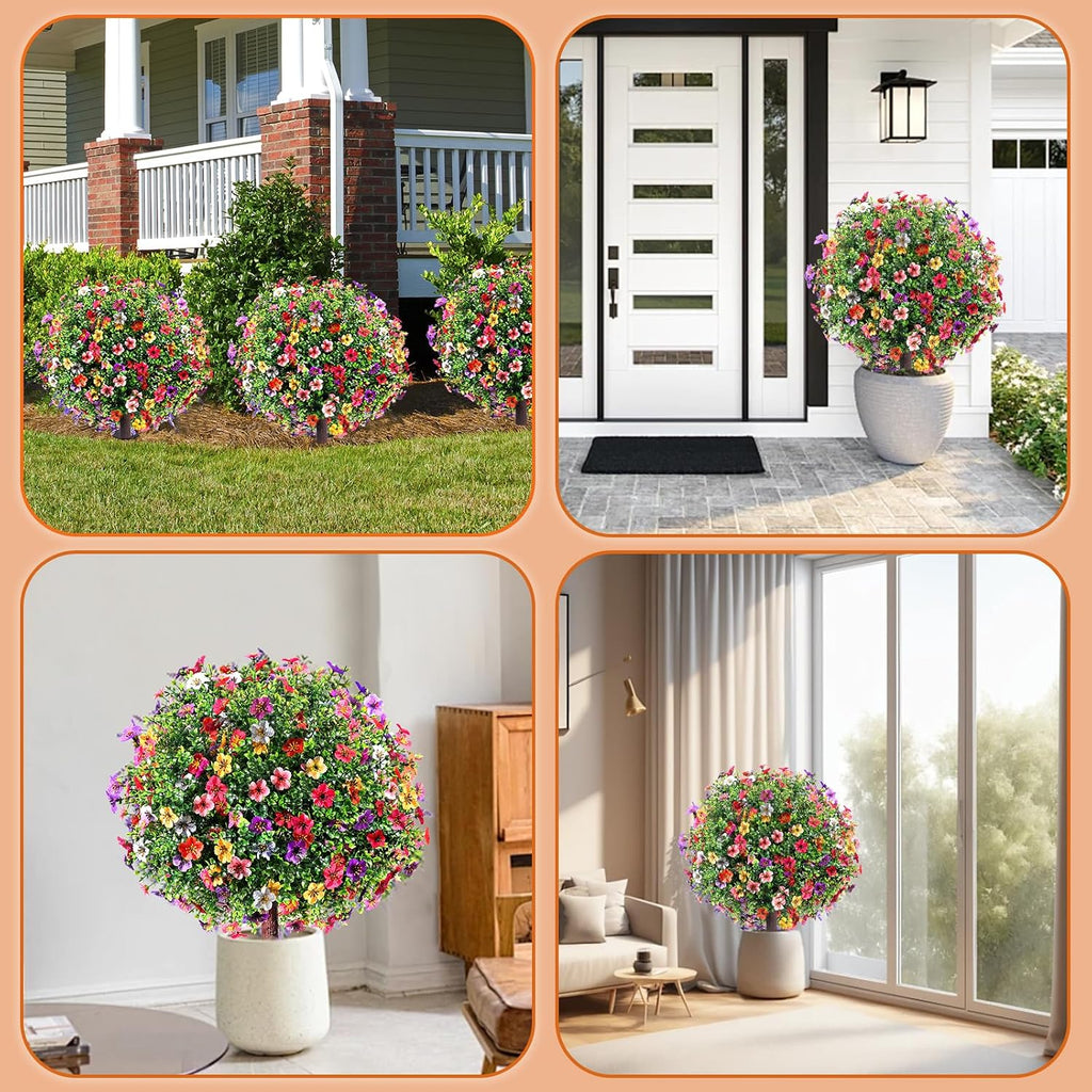27.5" Artificial Flowers Boxwood Topiary Ball Tree Set of 2, UV Resistant Fake Bushes Shrubs with Ground Spike, Faux Evergreen Tree for Front Porch Outdoor Garden Decor