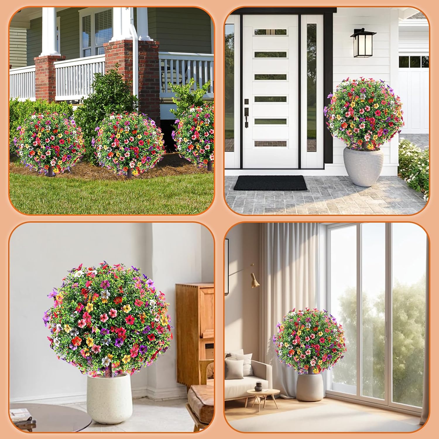 27.5" Artificial Flowers Boxwood Topiary Ball Tree Set of 2, UV Resistant Fake Bushes Shrubs with Ground Spike, Faux Evergreen Tree for Front Porch Outdoor Garden Decor