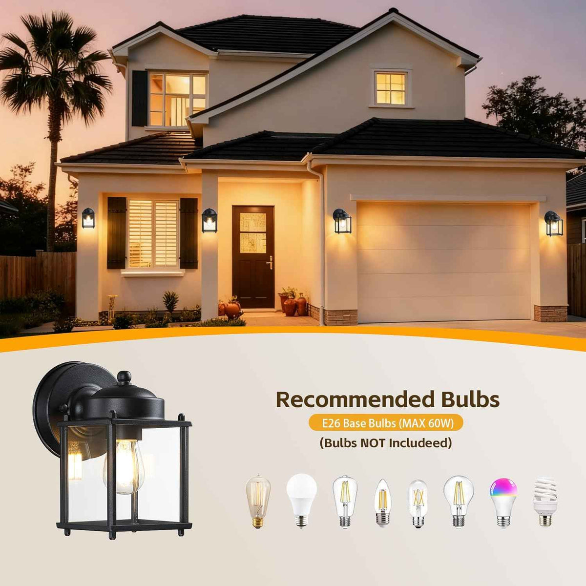 LIT-PaTH Outdoor Wall Light Fixture, Anti-Rust Metal Glass, Black, 2 Pack | Exterior Porch Light Wall Sconce Lantern for House Patio Garage, Waterproof Rustproof, E26 Socket 60W Max