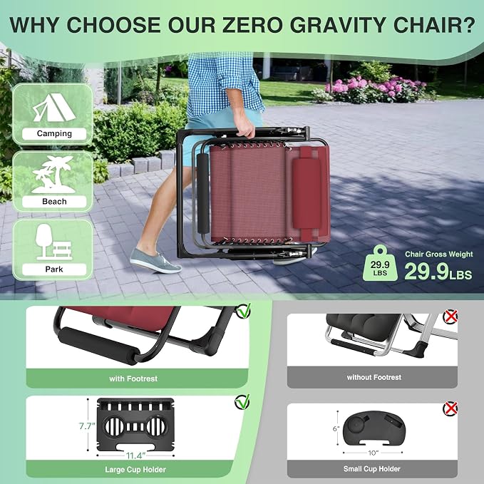 Suteck Oversized Zero Gravity Chair, 29In XL Outdoor Recliner Chair w/Removable - Image 5