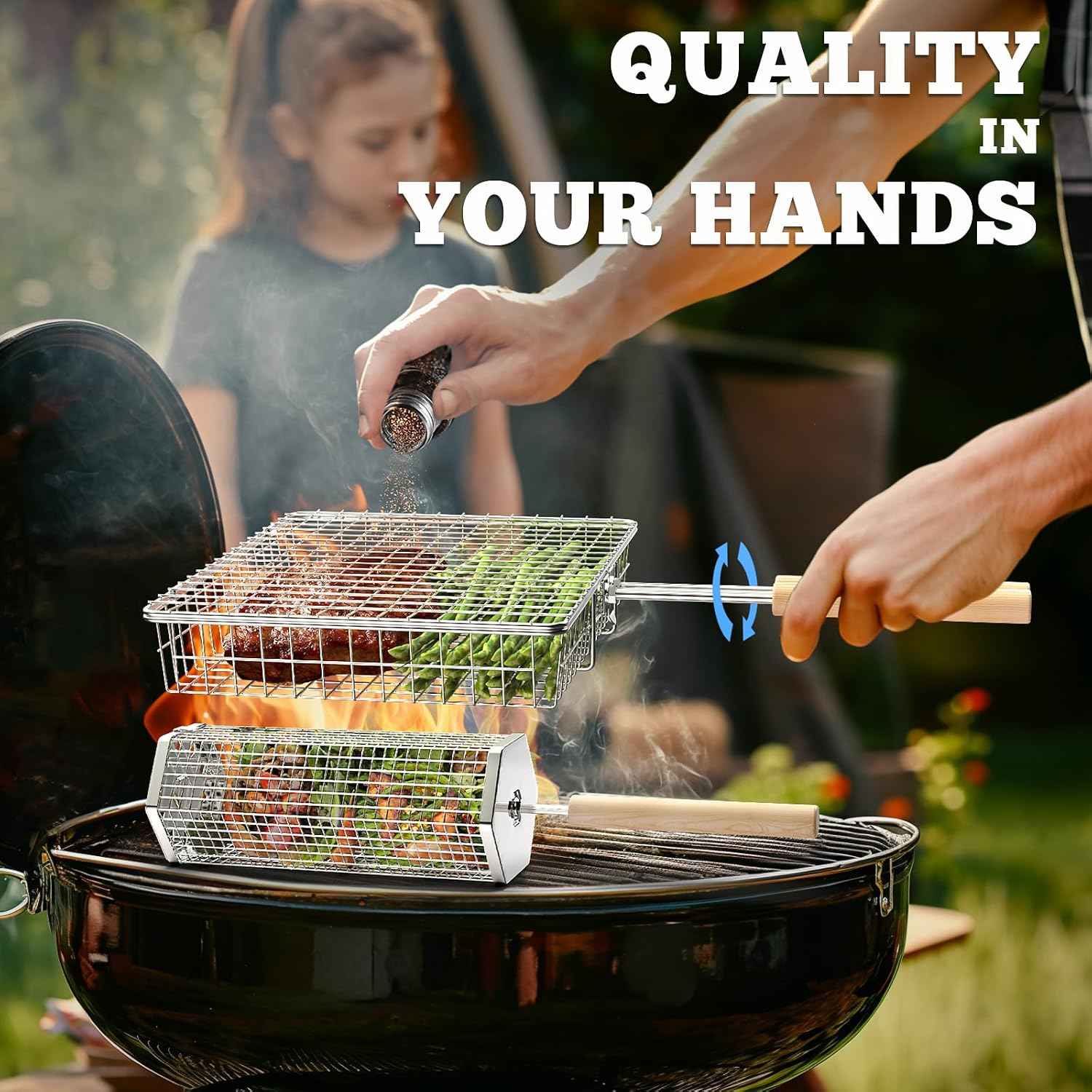 ivtivfu Grill Basket Set, Removable Wooden Handle, Rolling Grilling Tools | 304 Stainless Steel, Smoker BBQ Accessories for Vegetable Fish, Outdoor Cooking Camping, Birthday Gifts for Men Dad Husband