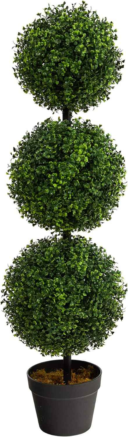 Nearly Natural 36 in Artificial Triple Ball Boxwood Topiary Tree with Pot | For Indoor or Outdoor Use, Realistic Faux Greenery, Home Patio and Office Decor, Low-Maintenance