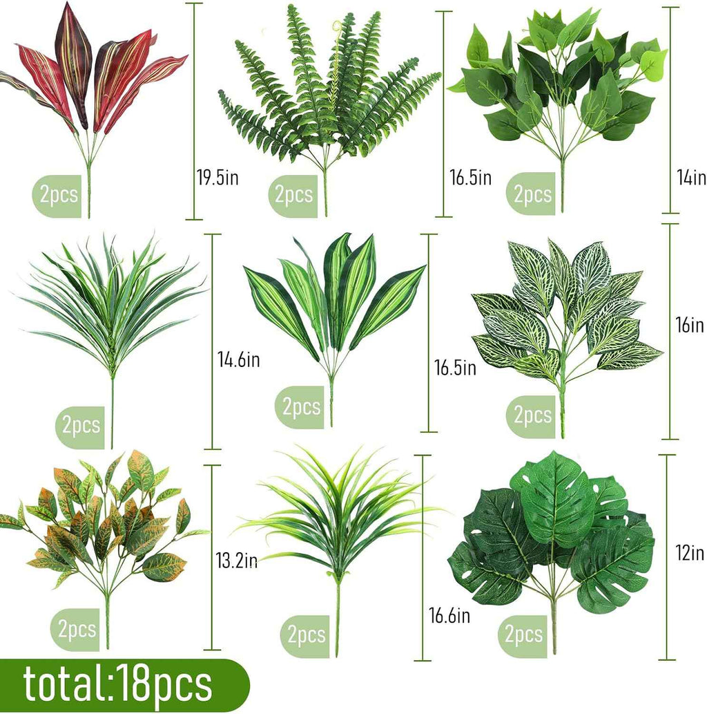 18 Bundles Artificial Greenery Plants Outdoor UV Resistant Fake Plastic Leaves with Stems Faux Bushes Shrubs for Porch Patio Window Box Garden Indoor Outside Decor