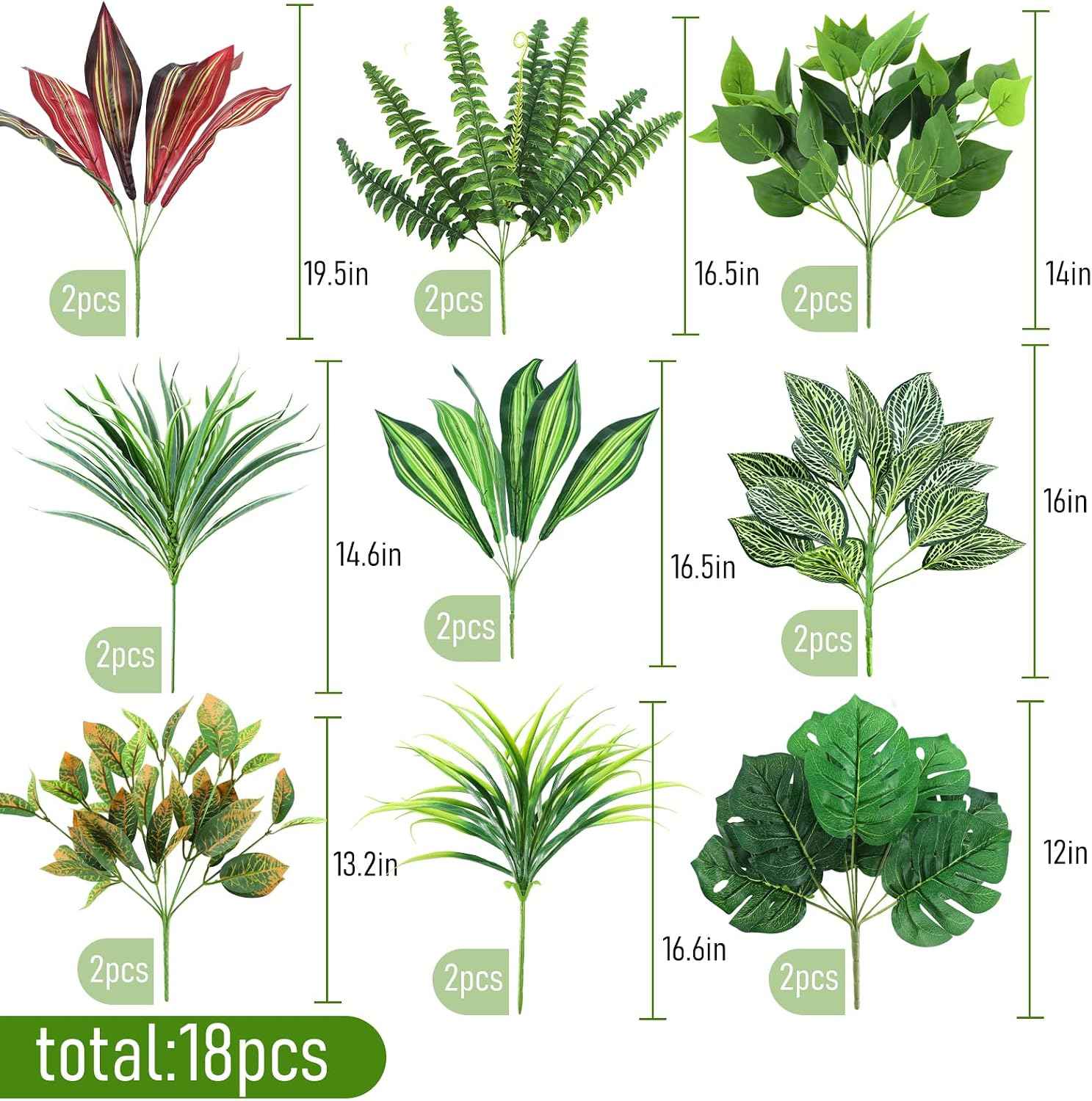 18 Bundles Artificial Greenery Plants Outdoor UV Resistant Fake Plastic Leaves with Stems Faux Bushes Shrubs for Porch Patio Window Box Garden Indoor Outside Decor