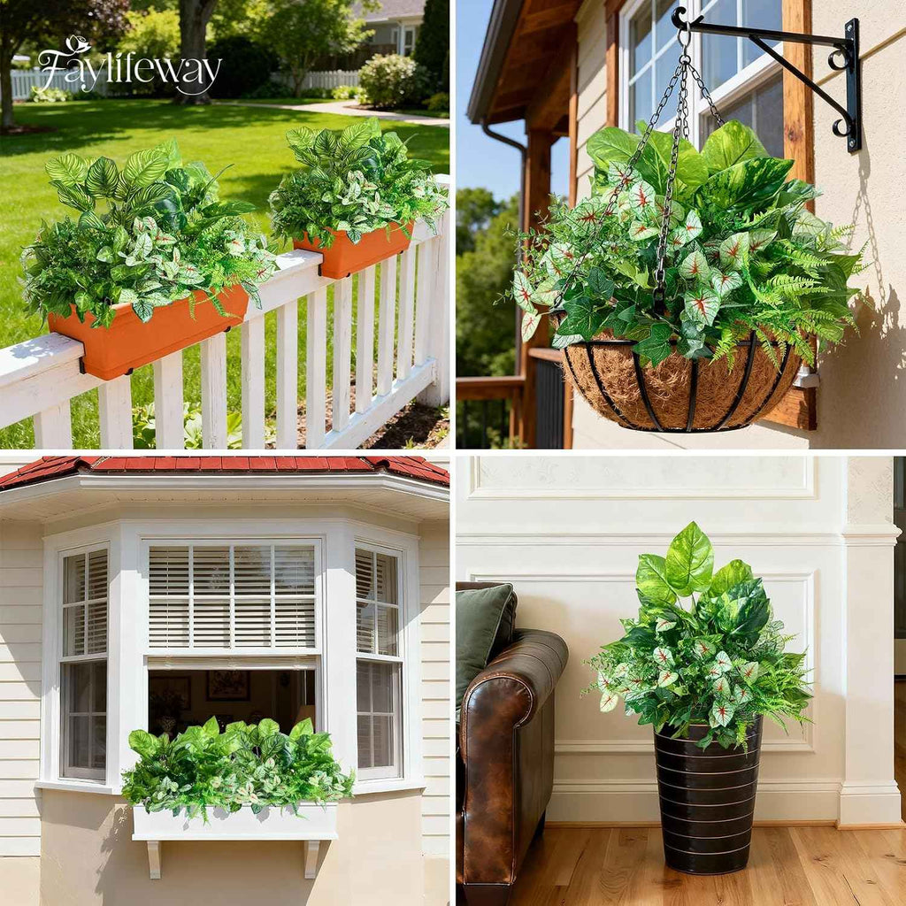 12 Bundles Artificial Plants Outdoor, UV Resistant Greenery | Large faux greenery stems for outside planters, porch, window box and patio garden decor. Maintenance free, pot not included