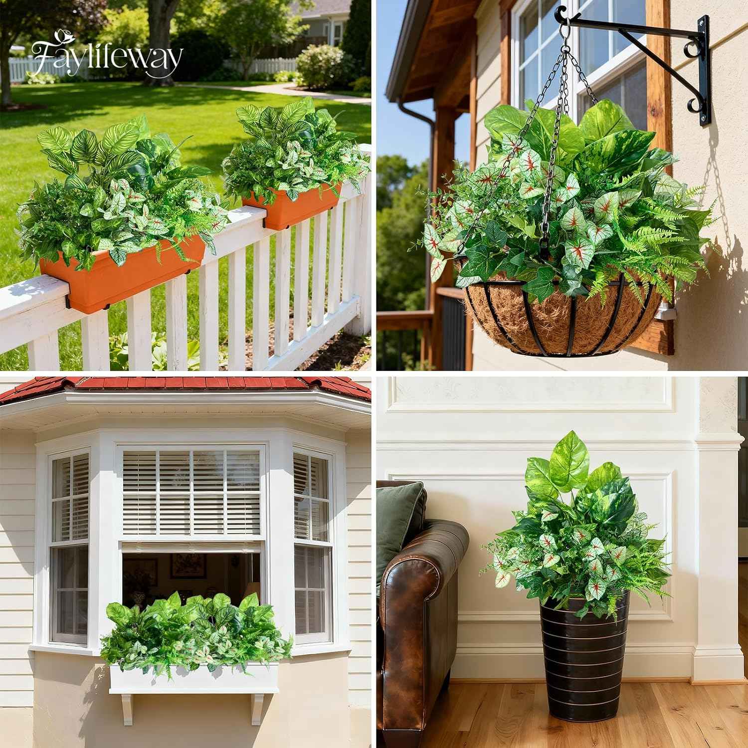 12 Bundles Artificial Plants Outdoor, UV Resistant Greenery | Large faux greenery stems for outside planters, porch, window box and patio garden decor. Maintenance free, pot not included