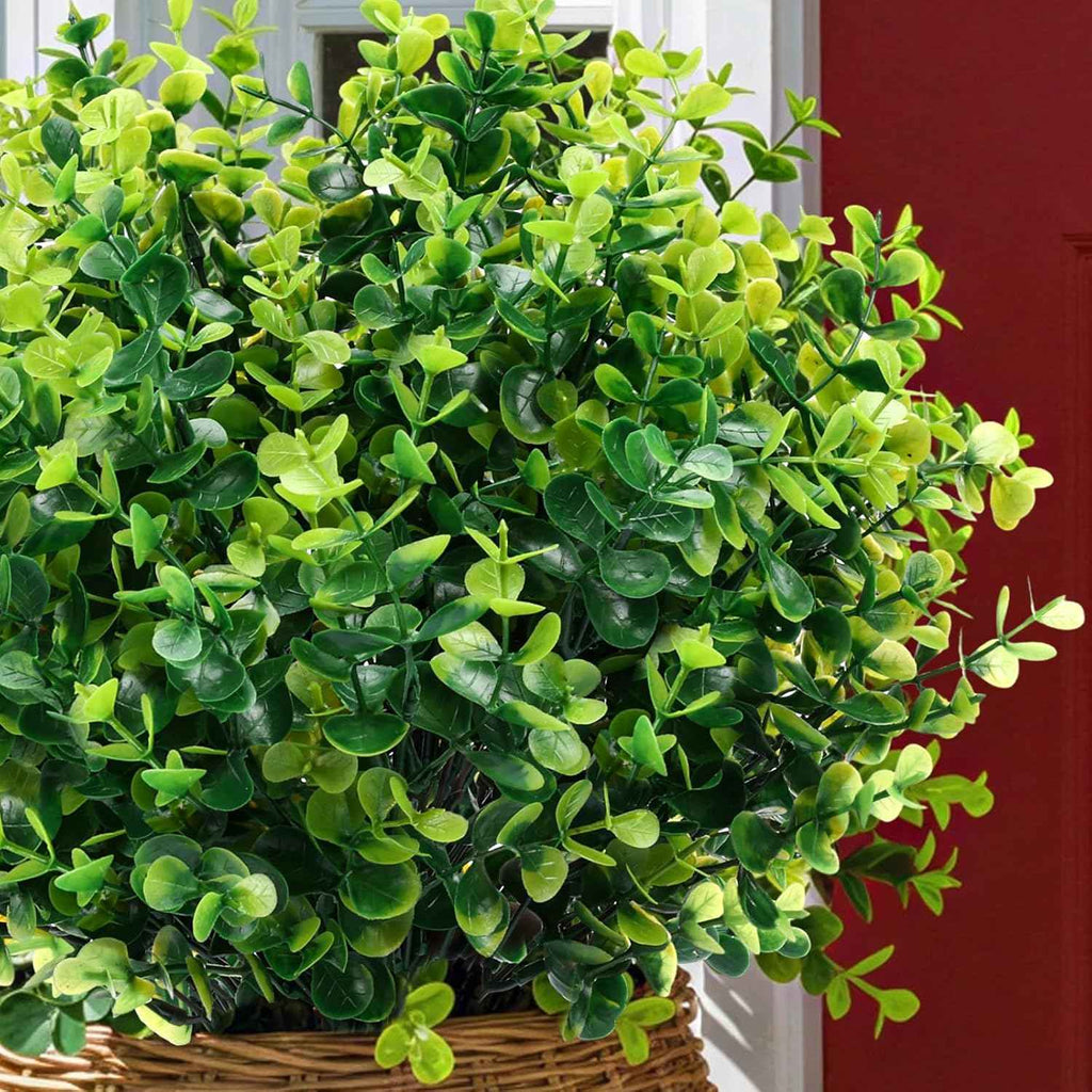 CEWOR Artificial Boxwood Stems 24 Pack Artificial Plants for Outdoor UV Resistant Faux Plants Fake Eucalyptus Shrubs for Room Decor Indoor Outdoor