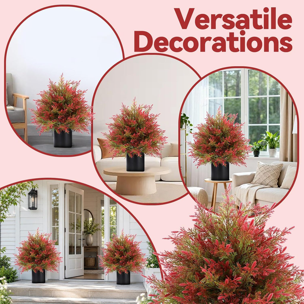 2 Set Artificial Potted Topiary Trees Cedar - UV Resistant Faux Outdoor Potted Plants, Spring Summer Greenery Fake Bushes for Front Door Farmhouse Garden Porch Outdoor Decor