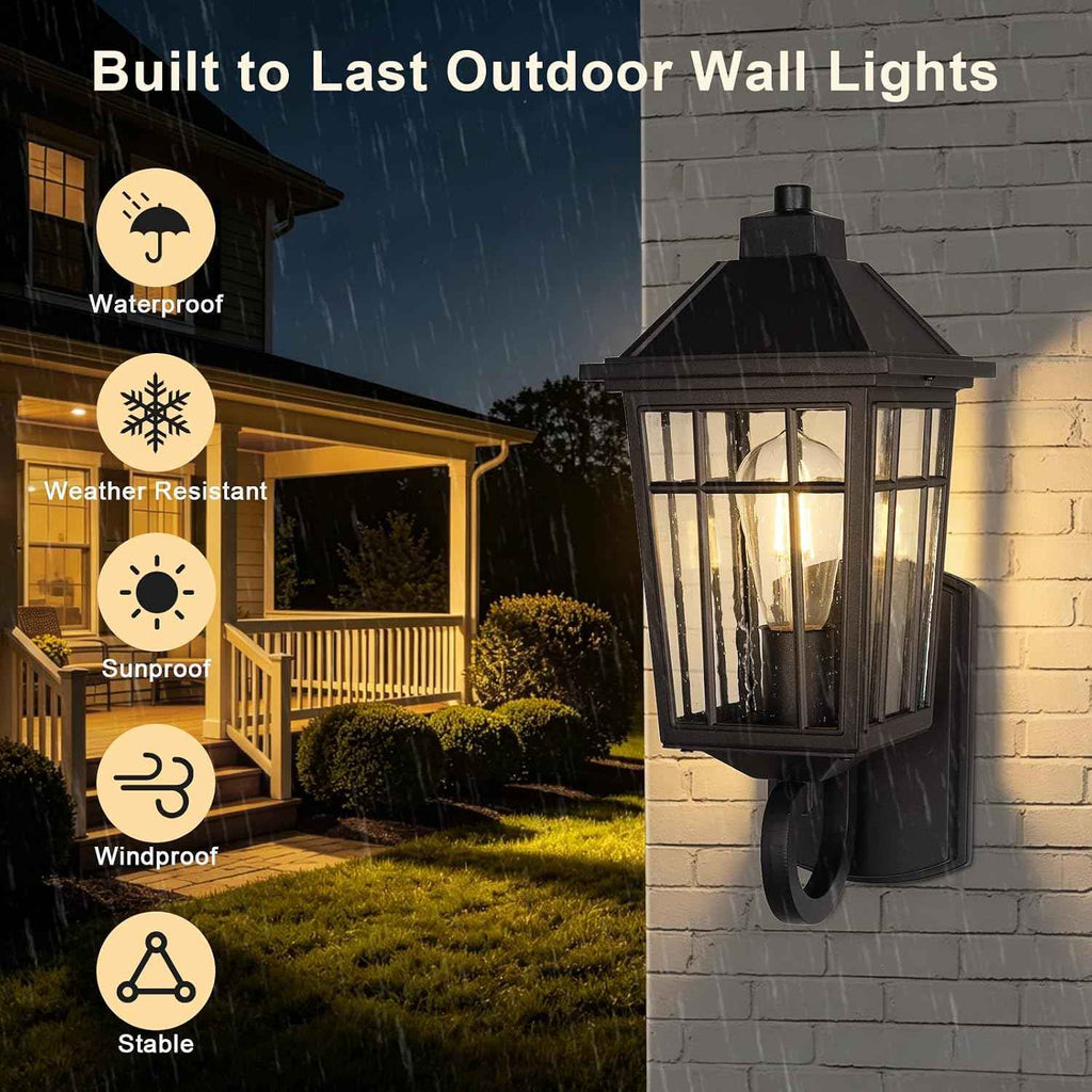 JYZ Outdoor Porch Light Wall Mount, 15" Exterior Wall Lighting Fixtures with Seeded Glass Shade, Anti-Rust Matte Black Outdoor Wall Sconce, E26 Base Outside Lantern for Front Door, Patio, Garage