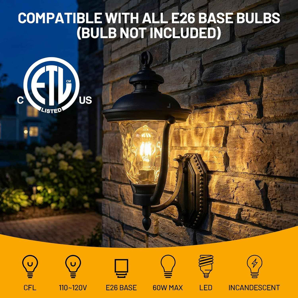 Porch Lights Outdoor Light Fixtures Wall Mount Exterior Lights | 18.7" Vintage Outdoor Wall Light with Water Ripple Glass Shade, Waterproof Aluminum Exterior Wall Sconce for Porch Patio Yard