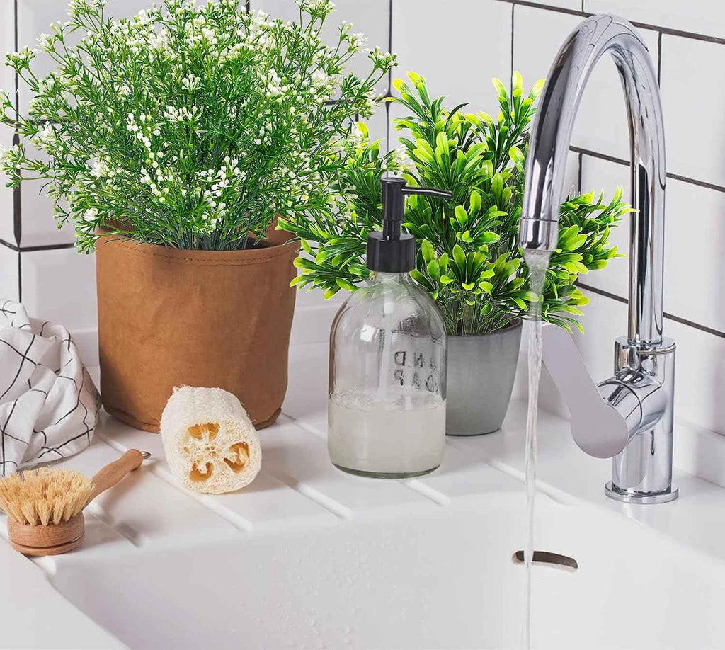Ouddy Decor 6 Pcs Mixed Artificial Greenery, Fake Plastic Plants Outdoor | Realistic fake eucalyptus babys breath stems, care-free, for garden patio window box wedding table indoor outdoor home decor